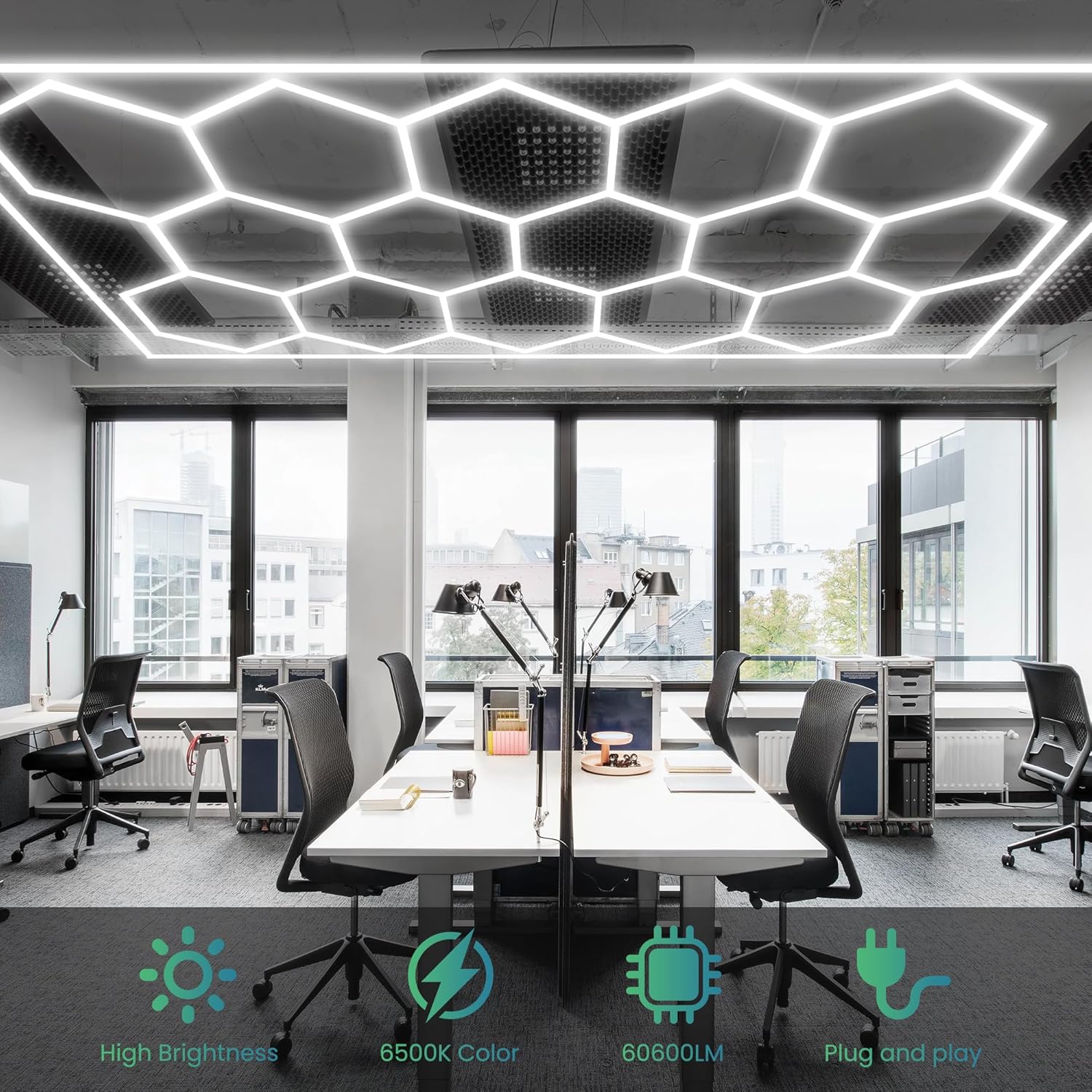 Luz LED hexagonal para garaje, 6500 K, luz hexagonal de 15 luces hexagonales con borde rectangular para garaje, taller, almacén, 60600 lúmenes,