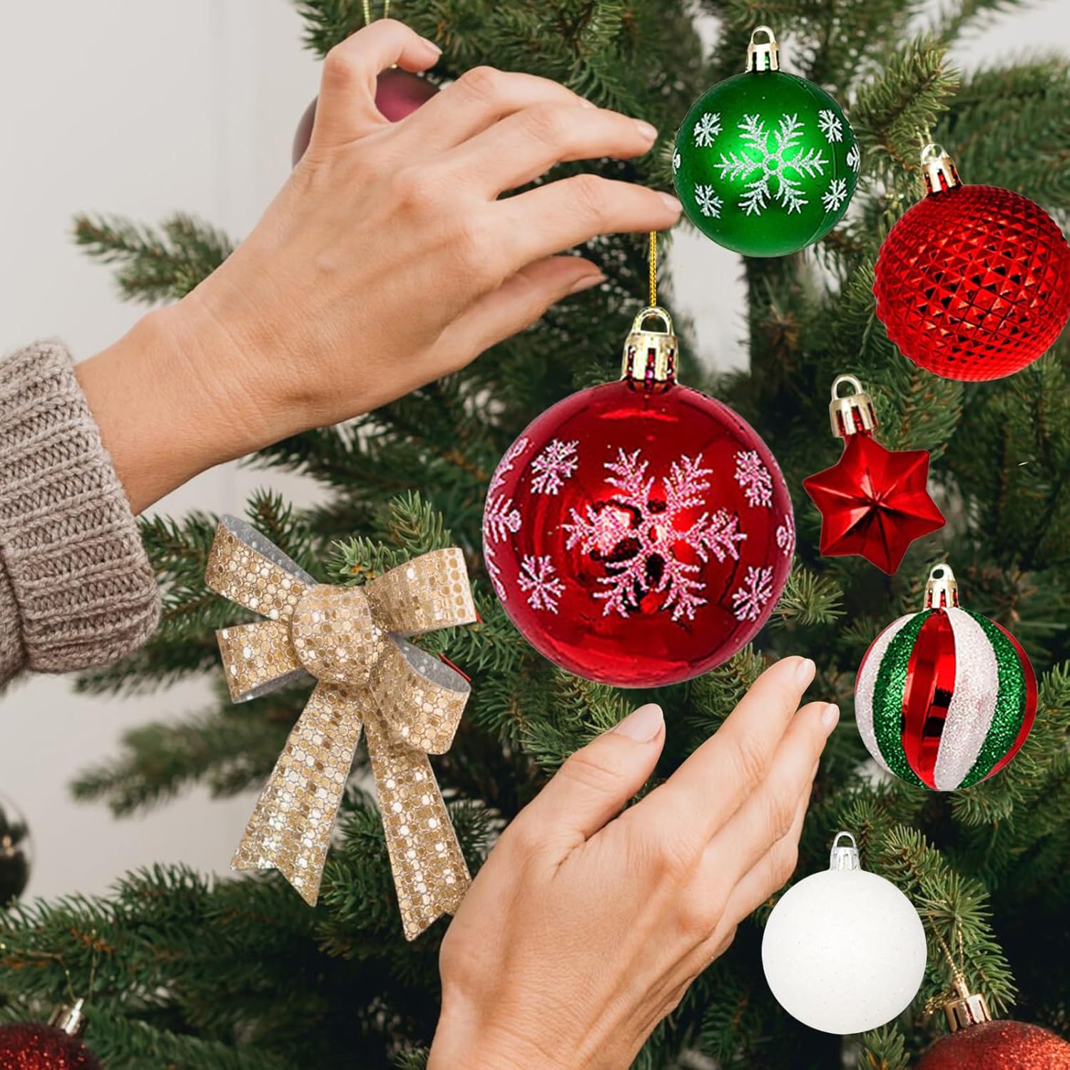 44 bolas de Navidad para decorar el árbol de Navidad, adornos colgantes de Navidad brillantes, adornos colgantes de Navidad negro y dorado (rojo,