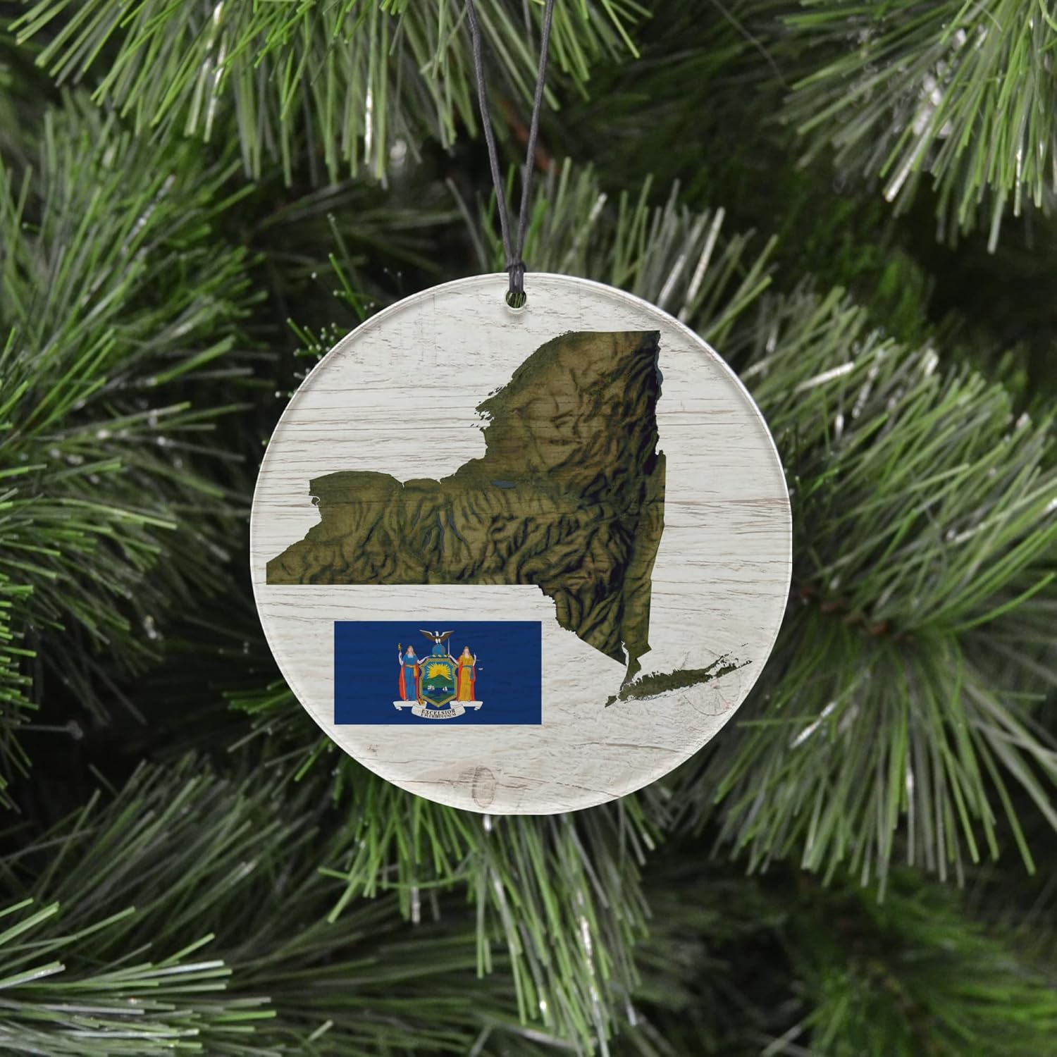 New York Christmas Ornament – Rustic Style Featuring State Flag and Terrain Map – 2024 Acrylic Tree Decoration – Holiday Gift and Home Decor