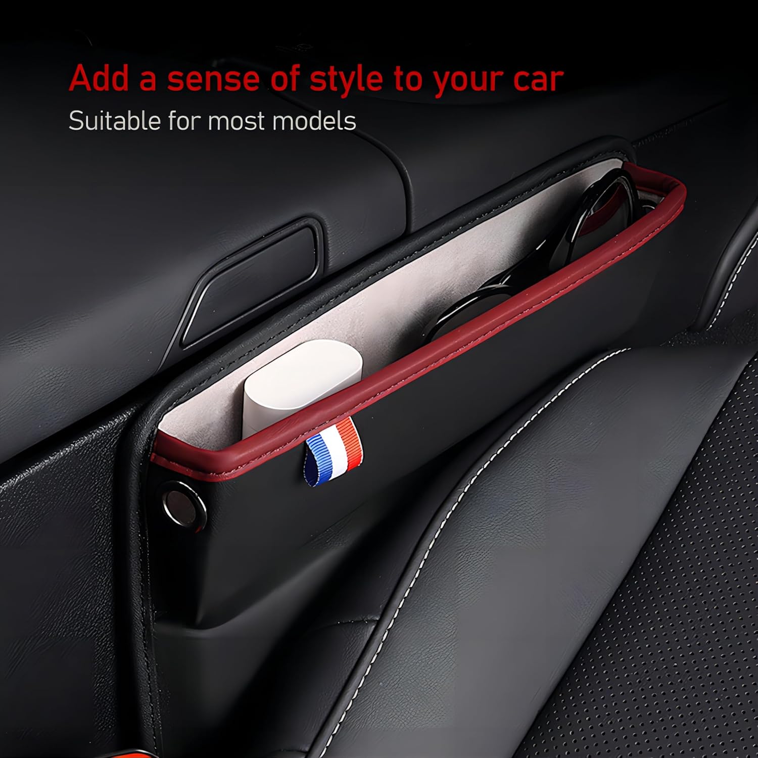 Gseigvee Organizador de espacio para automóvil, 1 unidad, para rellenar espacio de asiento, caja de almacenamiento de cuero con agujero para cable,