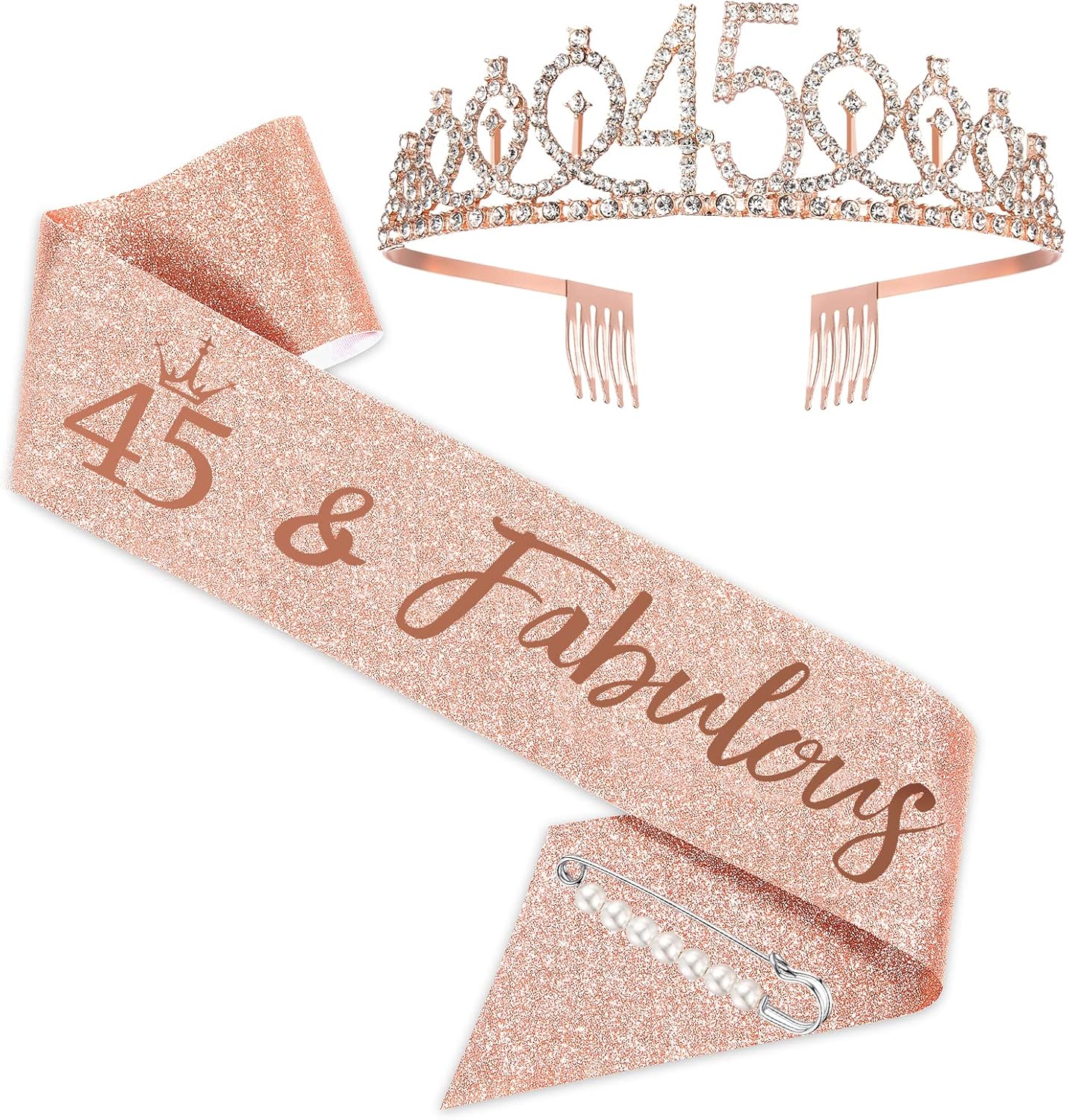 BRT Bearingshui Banda y tiara de cumpleaños número 45 para mujer, corona de banda de cumpleaños de oro rosa 45 y fabulosa banda y tiara para mujer,