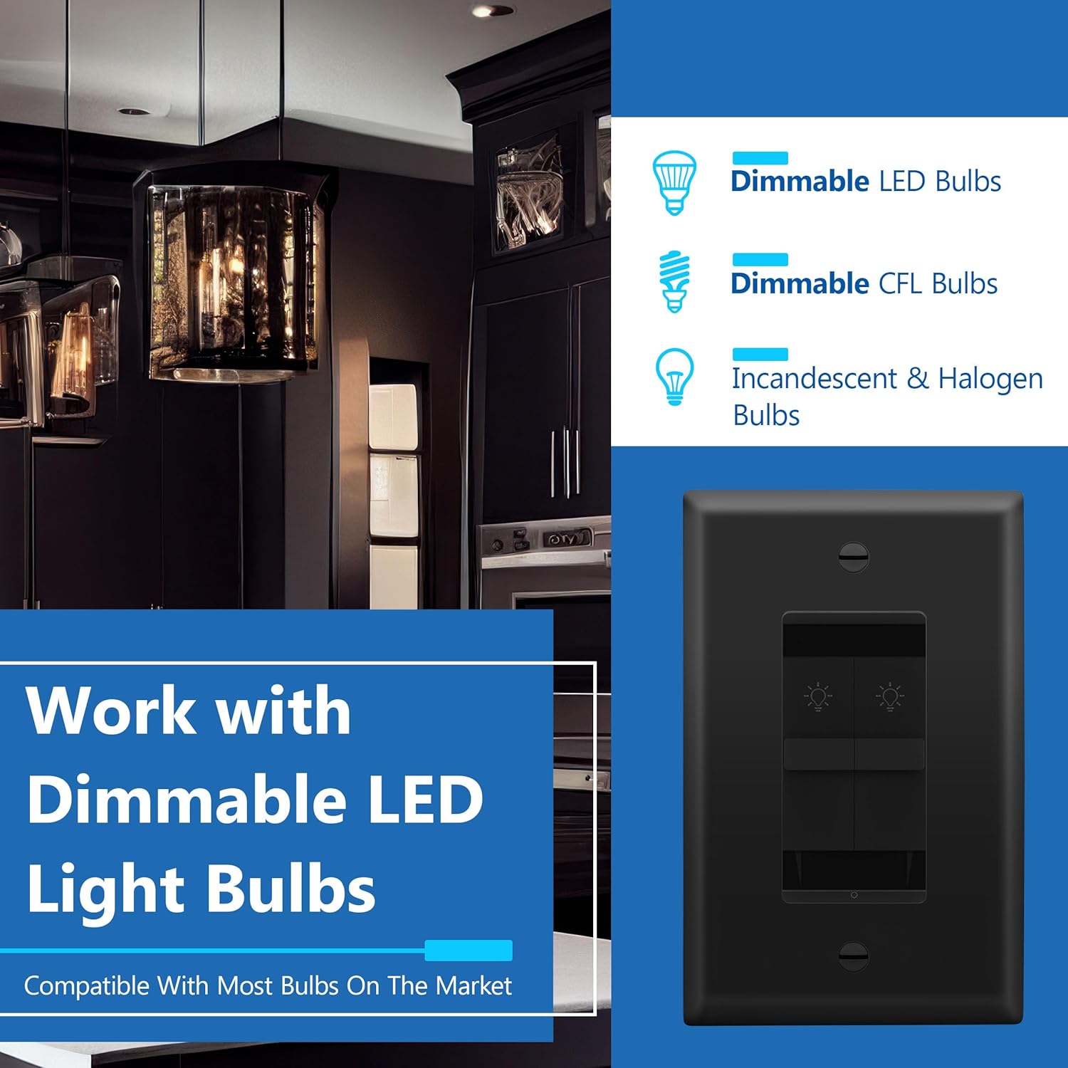LIDER Combinación de control de interruptor de luz de atenuación doble, 2 controles de luz deslizante, un solo polo, 400 W CFLLED, 600 W