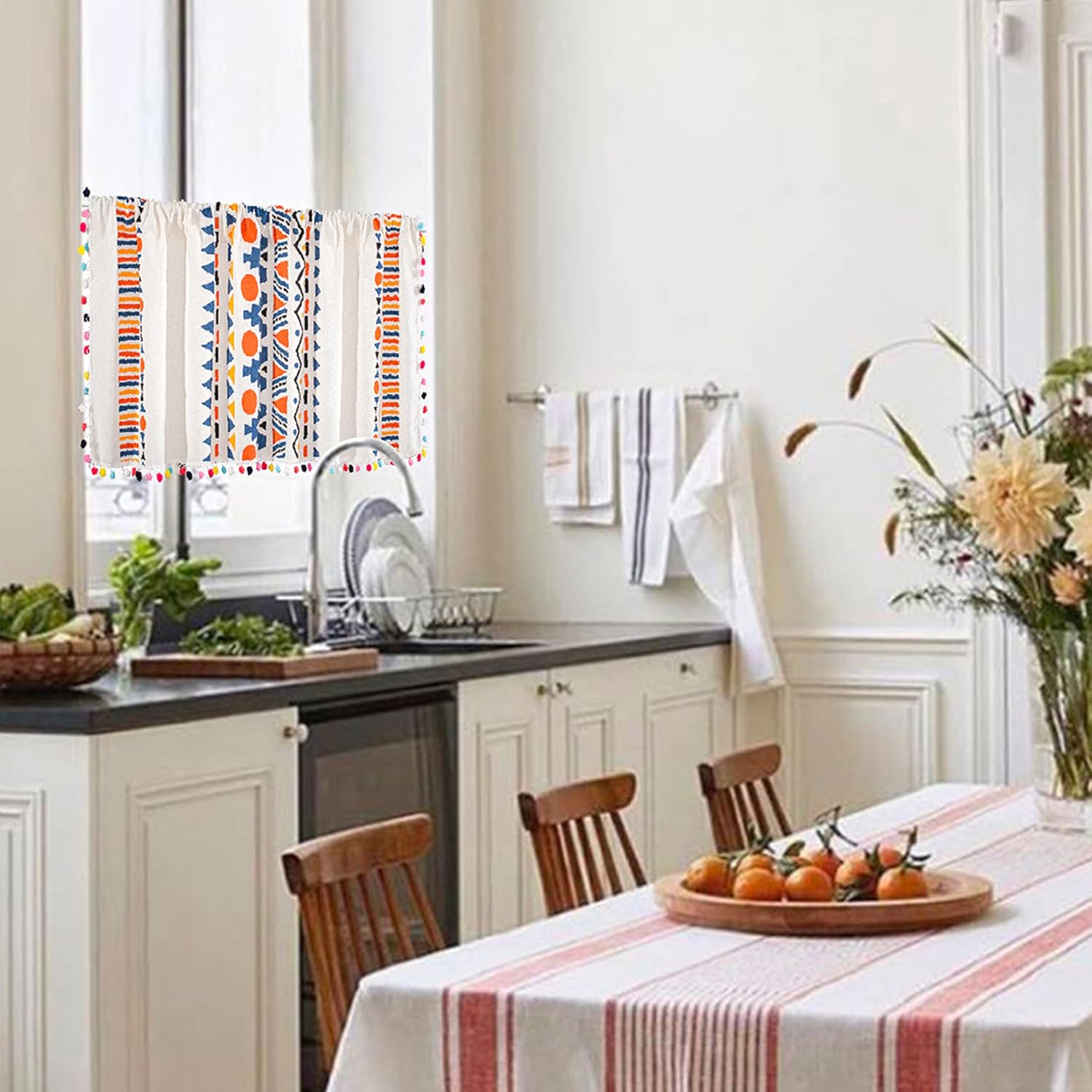 Cortinas de lino con borlas bohemias para ventana, semiopacas, panel geométrico bohemio para sala de estar, cocina, cafetería, comedor, cenefas