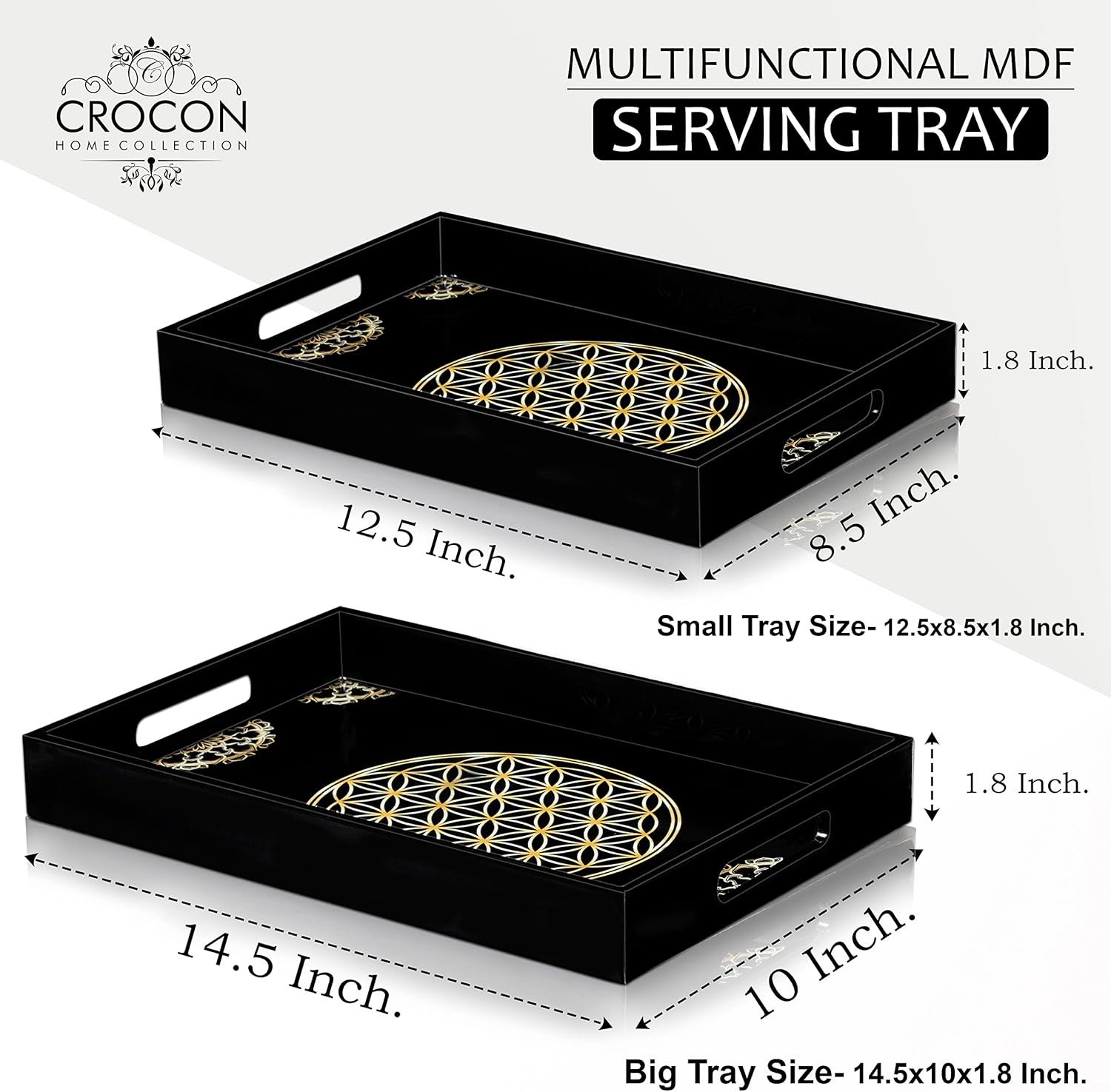 Crocon Bandejas de madera con asas, juego de 2 bandejas rectangulares negras, bandejas otomanas grandes para mesa de café, sala de estar y