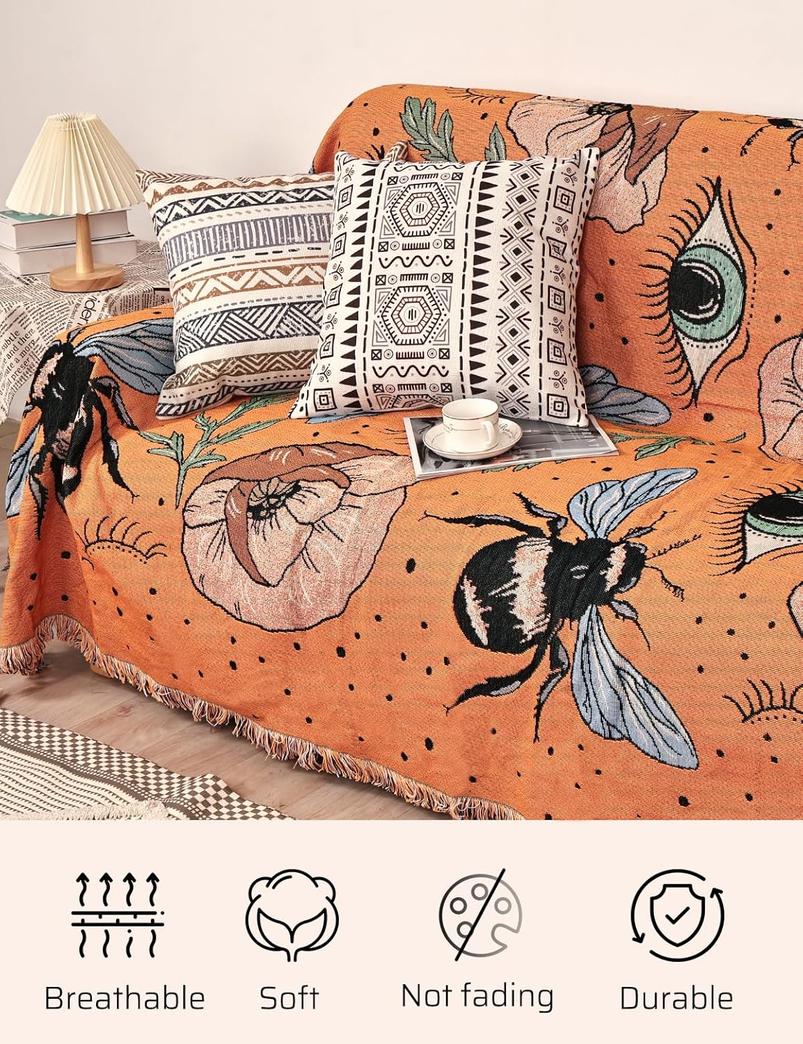 Shesyuki Manta bohemia para cama, sofá, reversible, de algodón, bohemio, para viajes, bohemio, manta de muselina mexicana, tapiz hippie para