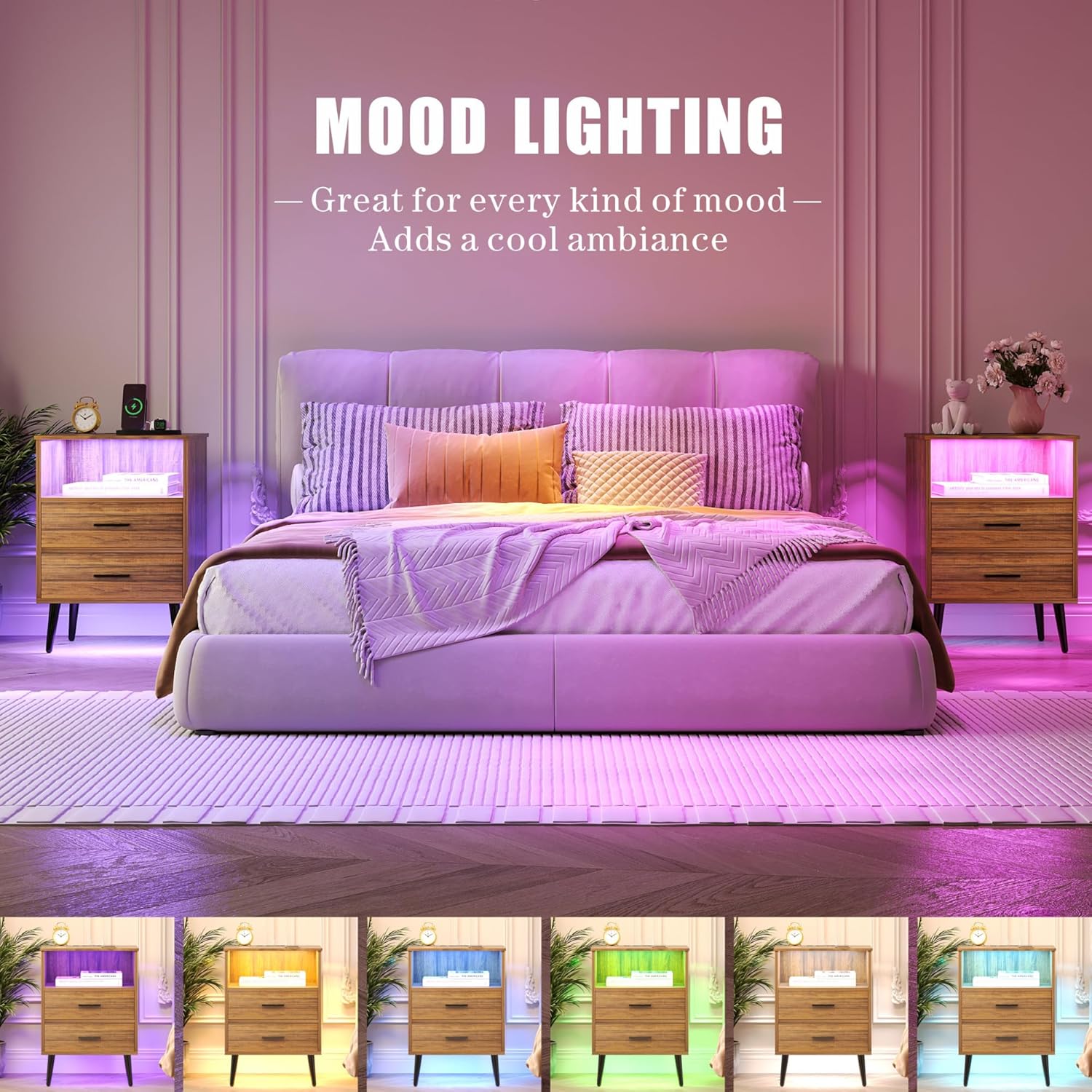 FREDEES Mesita de noche con estación de carga (inalámbricaUSBtipo C) y luces LED, mesa auxiliar inteligente, mesita de noche de madera con cajones,
