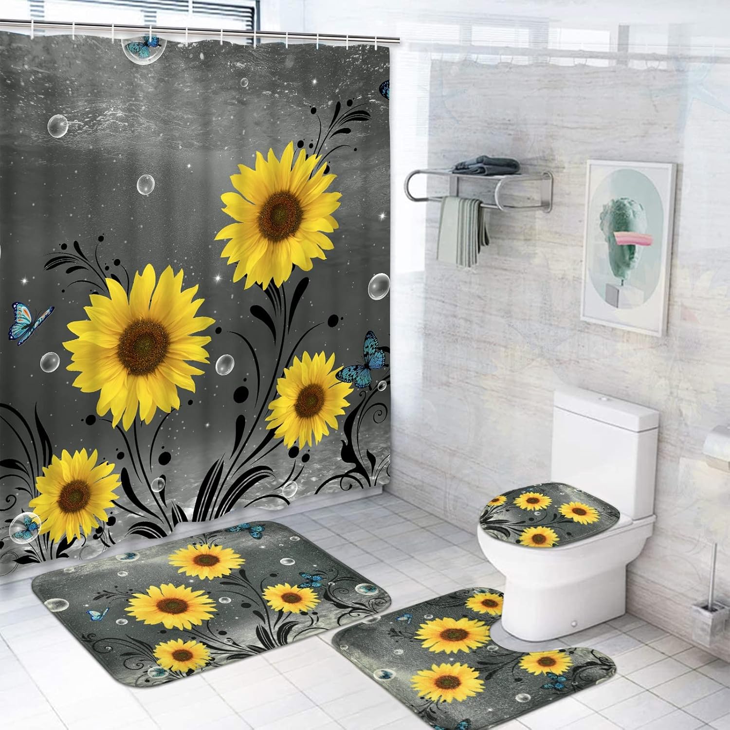 Ikfashoni Juego de 4 cortinas de ducha de girasol con alfombras, cubierta de tapa de inodoro, cortina de ducha de mariposa azul con 12 ganchos,