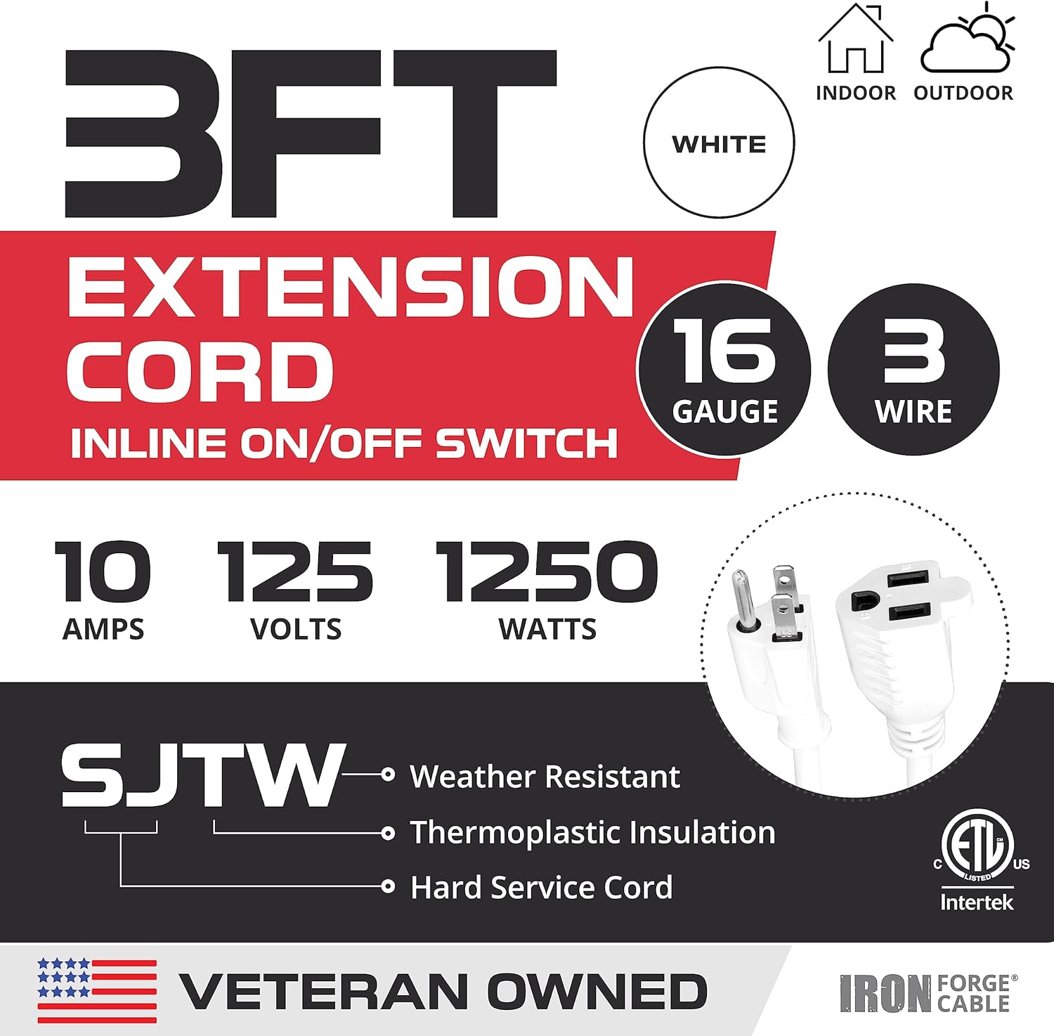 Iron Forge Cable Cable de extensión blanco de 3 pies para exteriores con interruptor en línea impermeable de encendidoapagado, 3 pies 163 SJTW 3