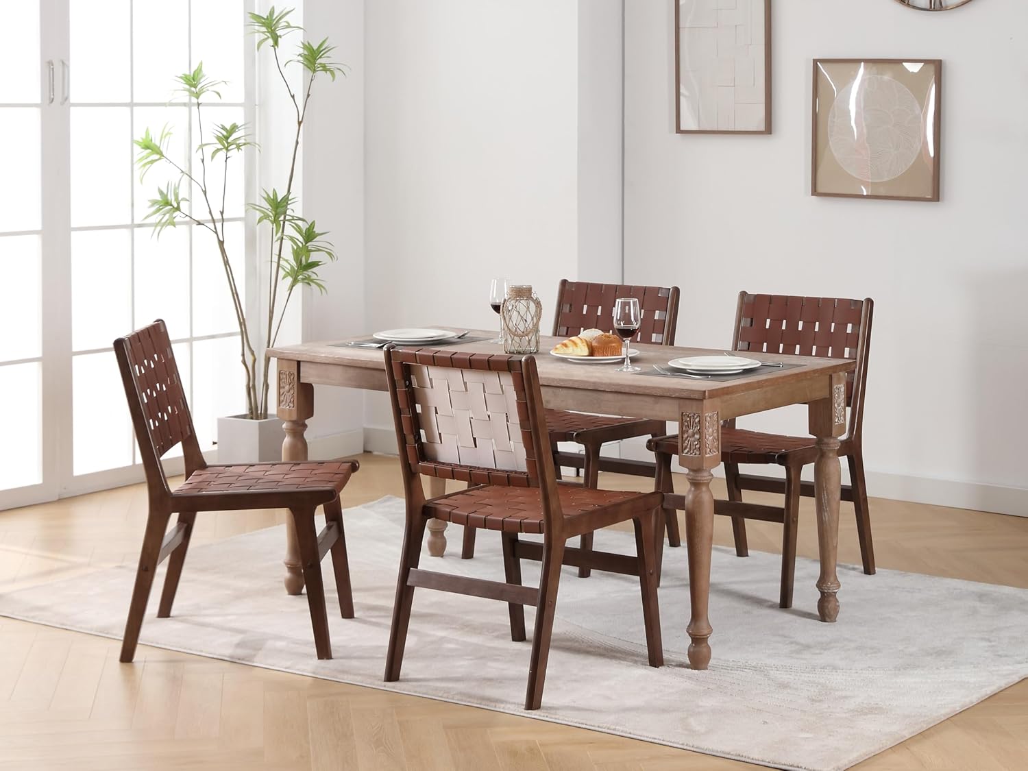 ABET Juego de 2 sillas de comedor de cuero marrón para cocina, sillas de comedor sin brazos de cuero sintético tejido de granja, silla moderna