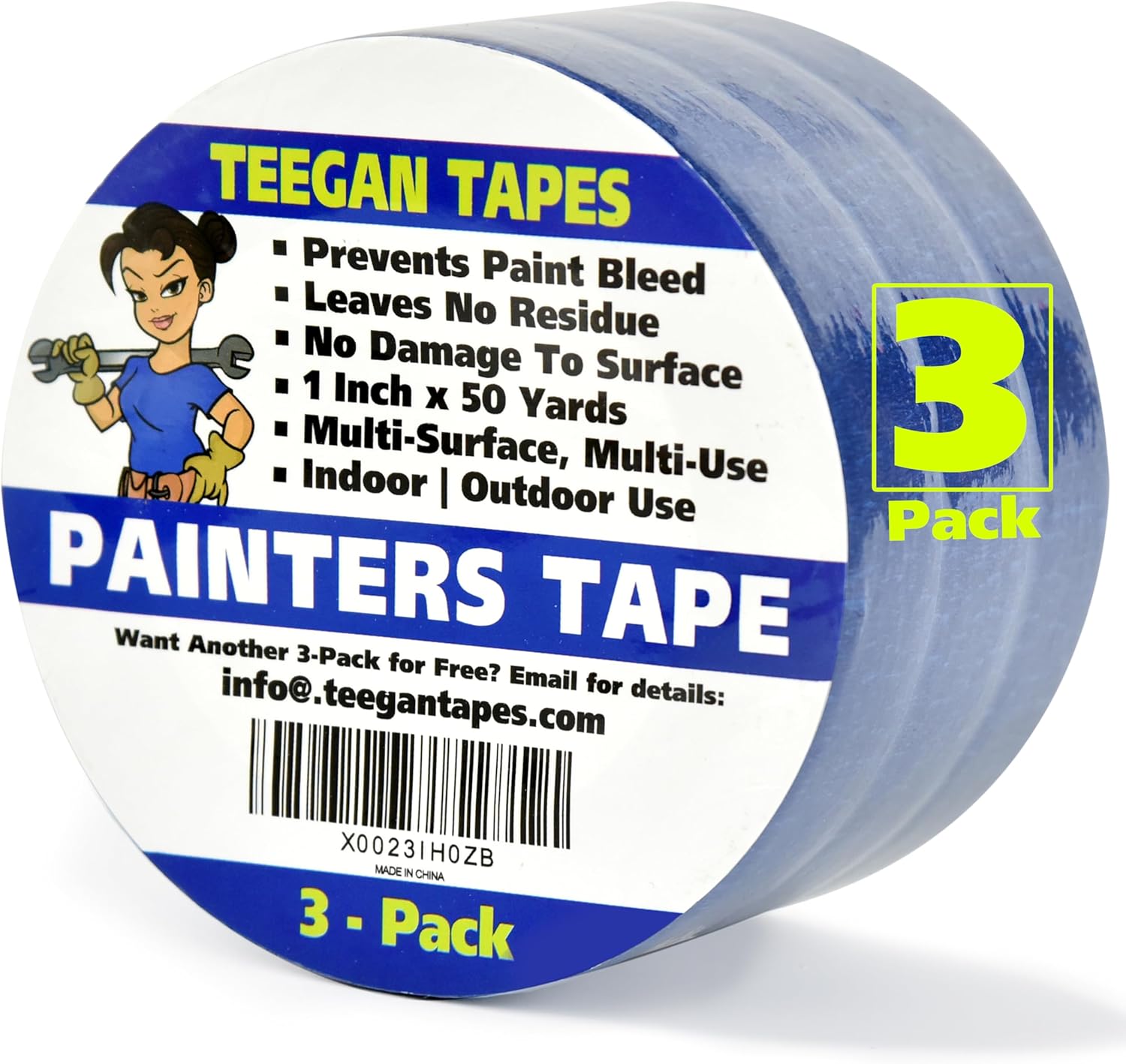 Gaffer Power Teegan Tapes – Cinta adhesiva para pintores de 1 pulgada de ancho por 50 yardas, paquete de 3 unidades, cinta adhesiva azul para