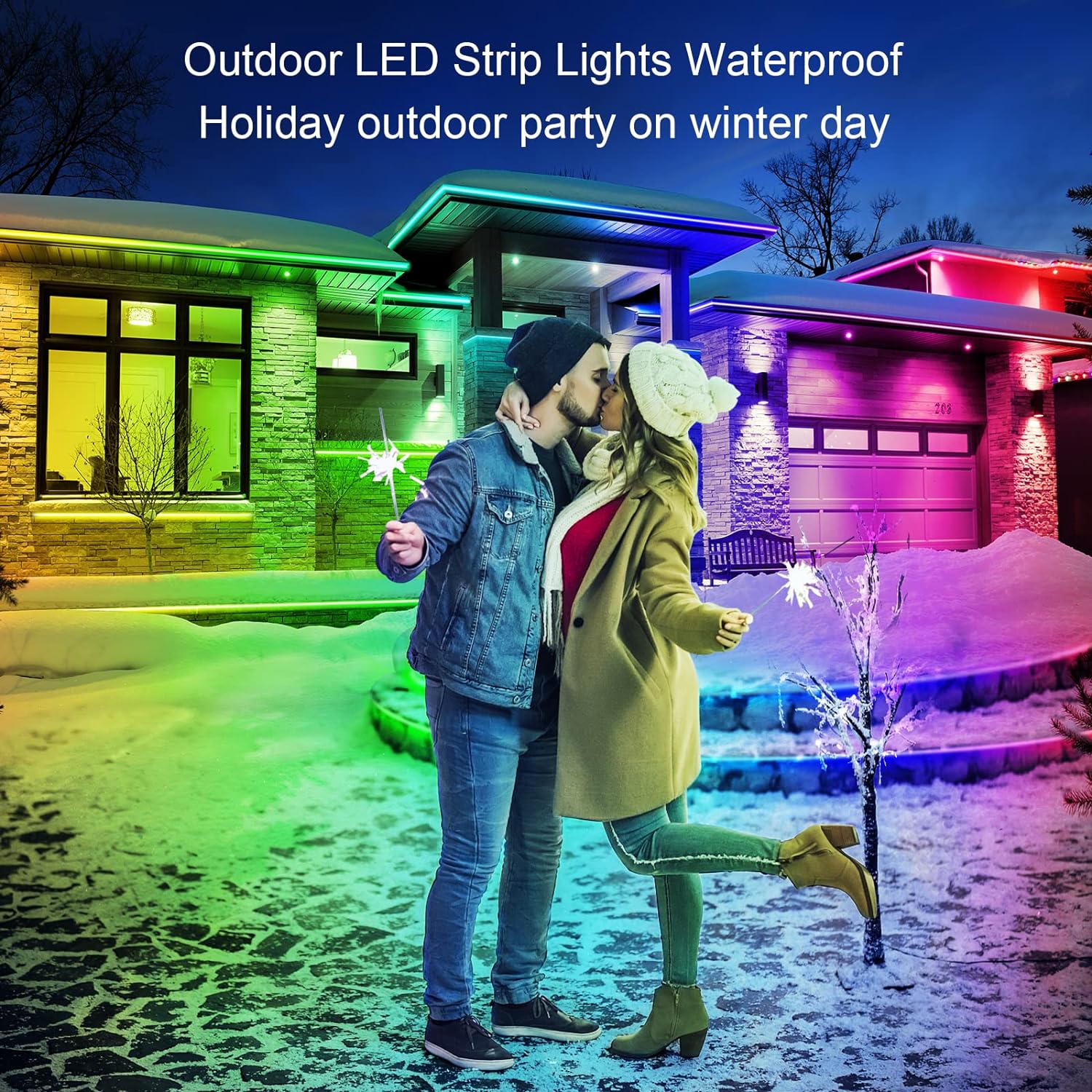 Tira de luces LED para exteriores de 300 pies impermeable con parte trasera adhesiva, tiras de luz LED exteriores IP65 impermeables con control