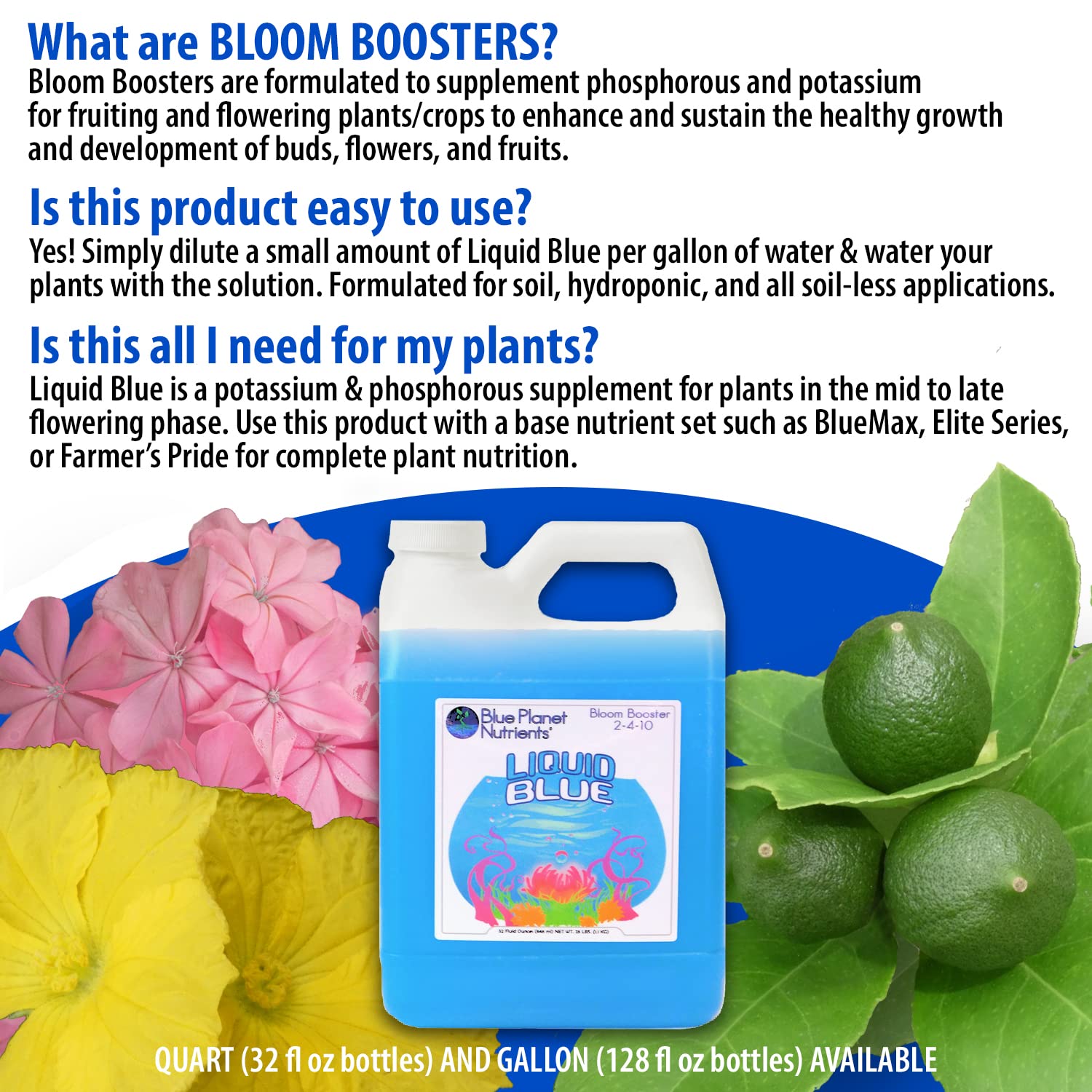 Liquid Blue Bloom Booster (128 oz) galón  Suplemento de fósforo de potasio para floración  para todas las plantas y jardines  Blue Planet Nutrients