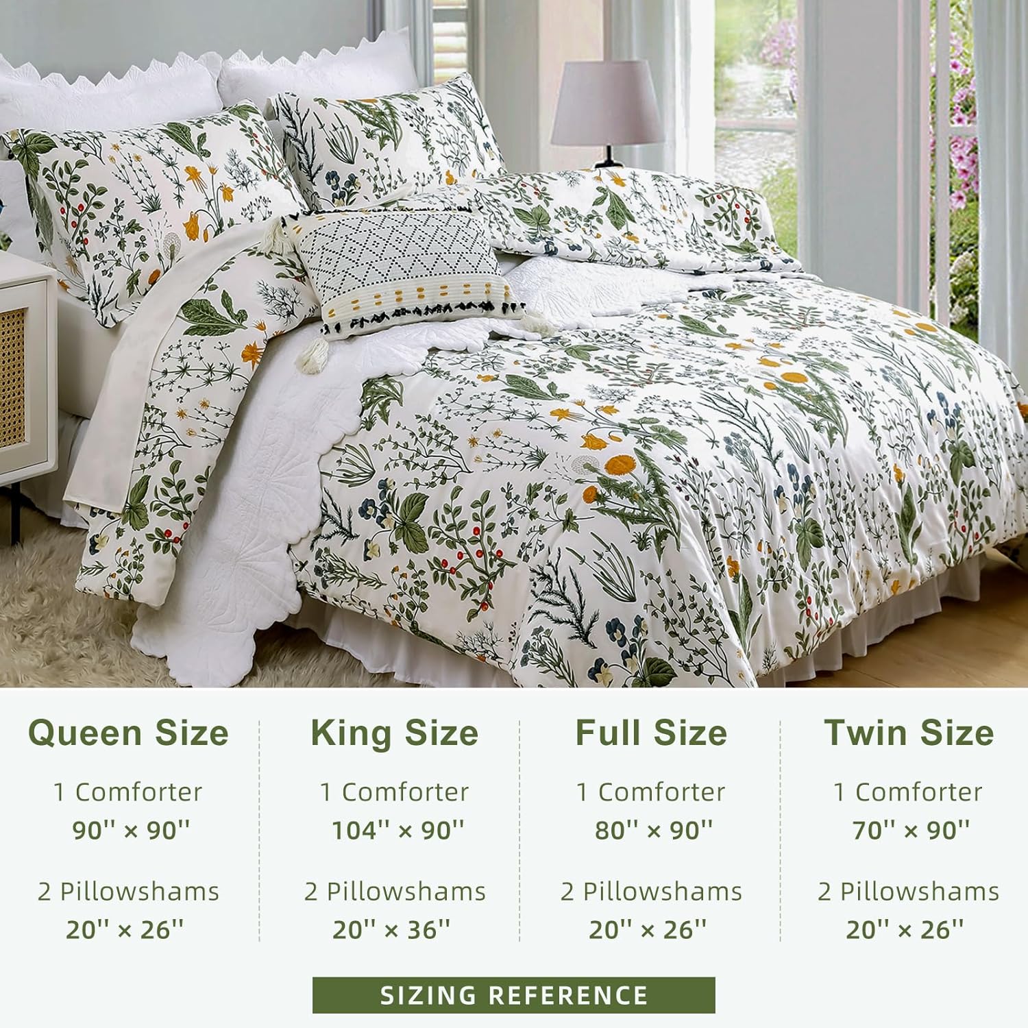 SexyTown Juego de edredón floral Queen, edredón de algodón con estampado floral verde salvia, tamaño Queen, estampado botánico de flores verdes y