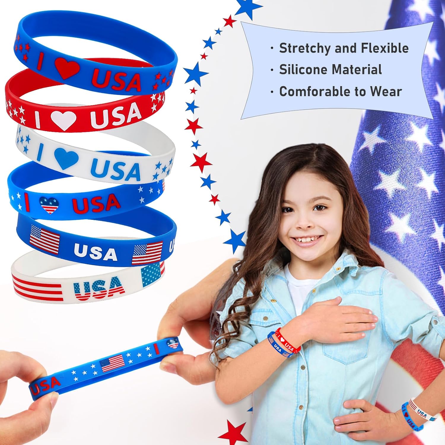 JUNEBRUSHS 24 pulseras de silicona para fiestas del 4 de julio, con bandera estadounidense, color rojo, blanco y azul, para fiestas patrióticas del