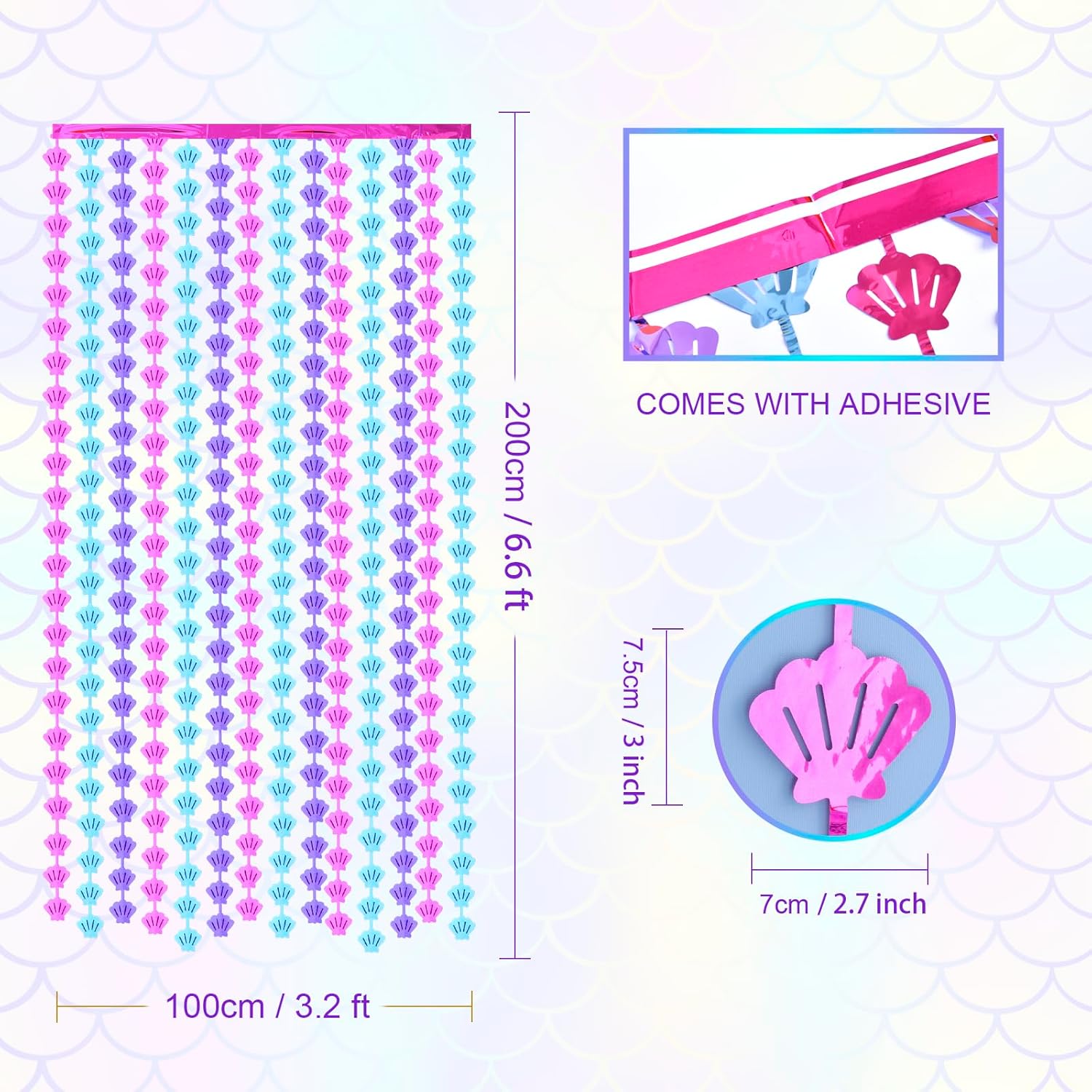 Cortinas de flecos de aluminio con temática de sirena, decoraciones de cumpleaños de sirena, 2 paquetes de 3.3 x 6.6 pies, color azul, morado y
