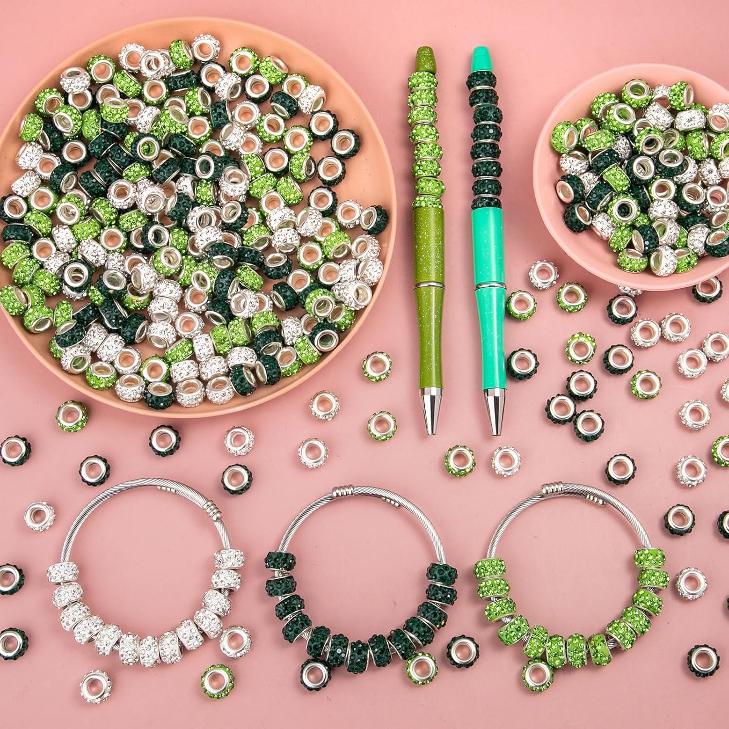 200 cuentas espaciadoras europeas de agujeros grandes, cuentas de artesanía europeas verdes con diamantes de imitación, cuentas de jardín de hadas