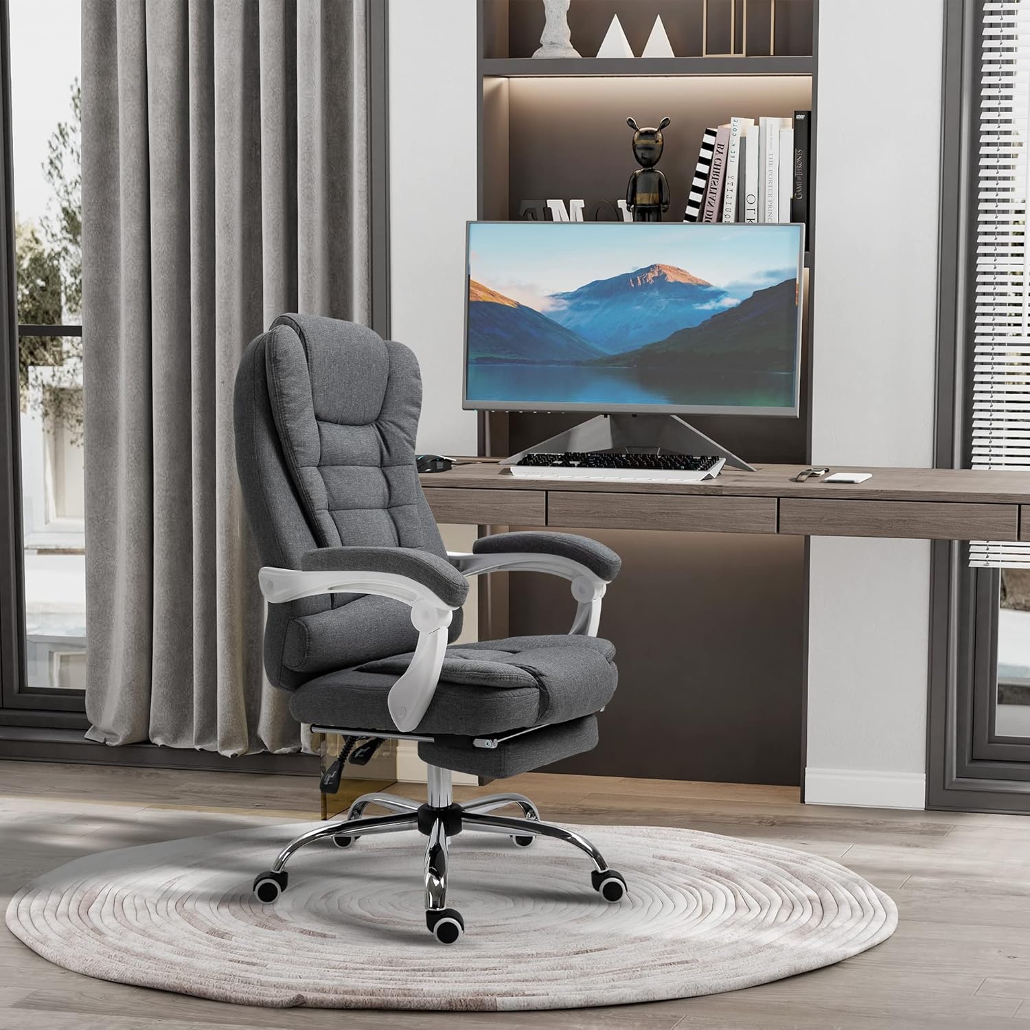 Vinsetto Silla de oficina ejecutiva de respaldo alto con reposapiés, silla de computadora de tela de lino con reposabrazos acolchados, silla de