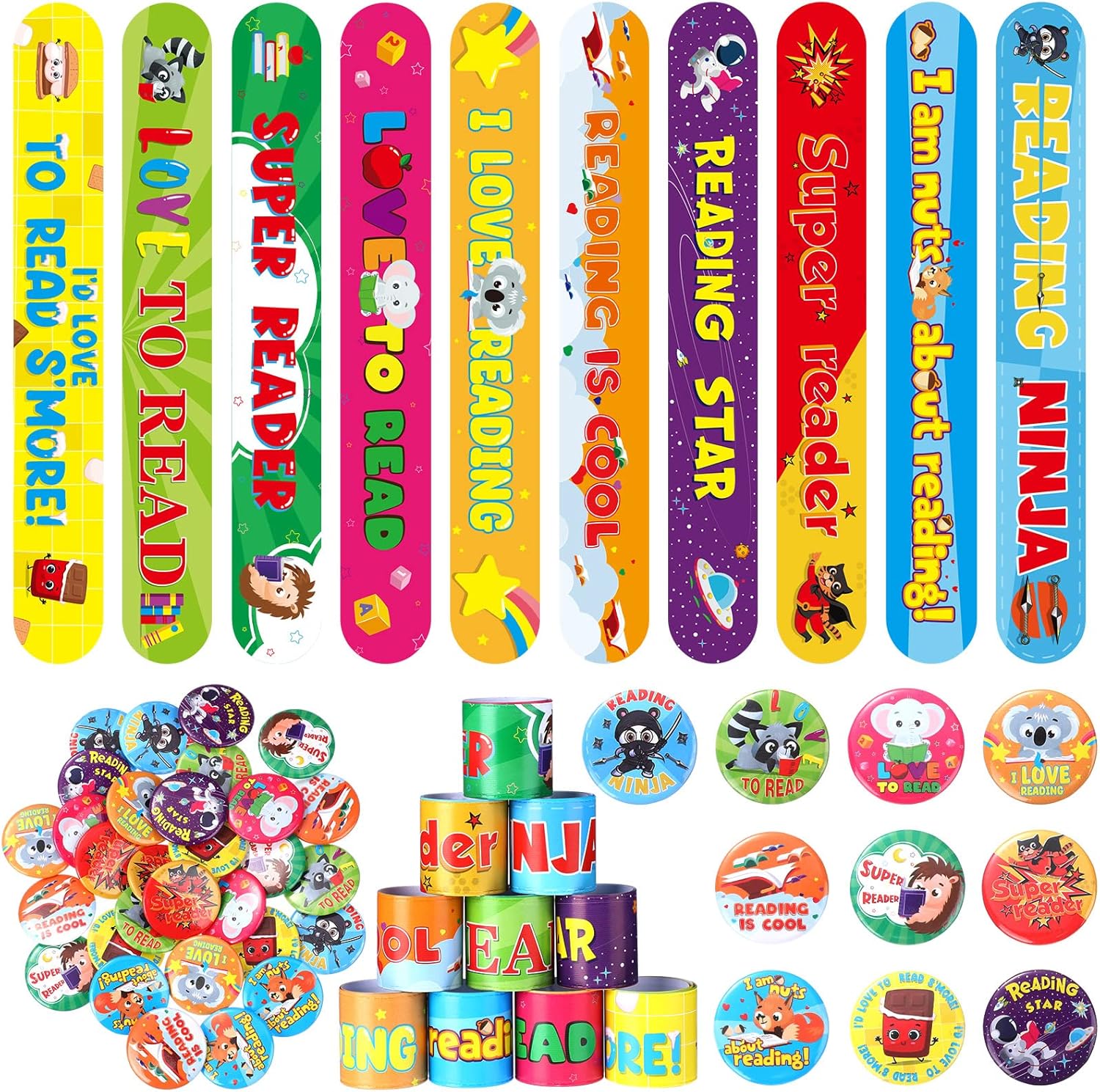 Frienda 60 pulseras con botones y pines para lectura, insignias para el aula, recompensas para profesores, premios, regalos de fiesta de escuela