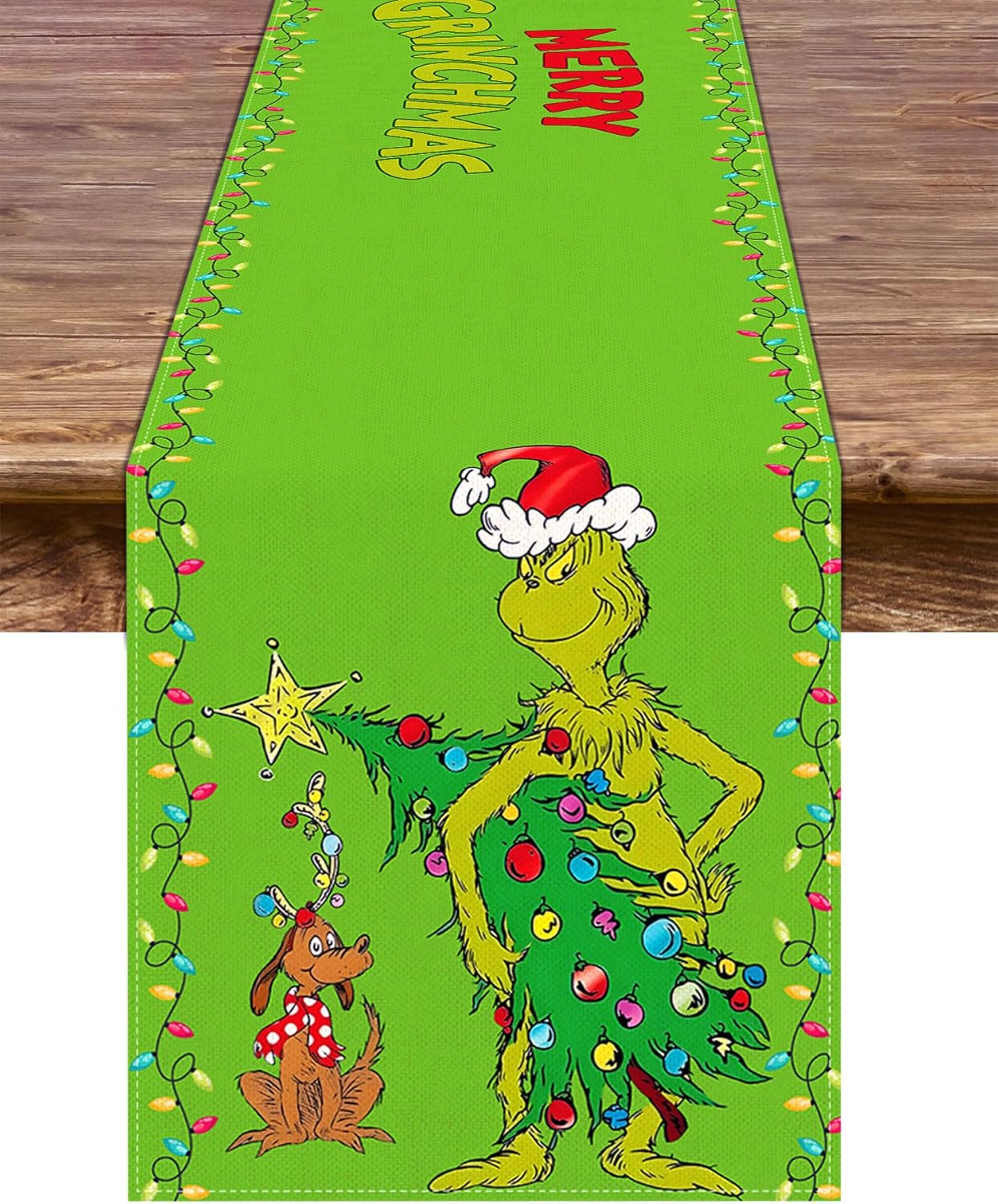 Camino de mesa Grinchmas Merry Christmas Whoville para fiestas de invierno, cocina, chimenea, comedor, decoración del hogar (verde, 13 x 90 pulgadas)