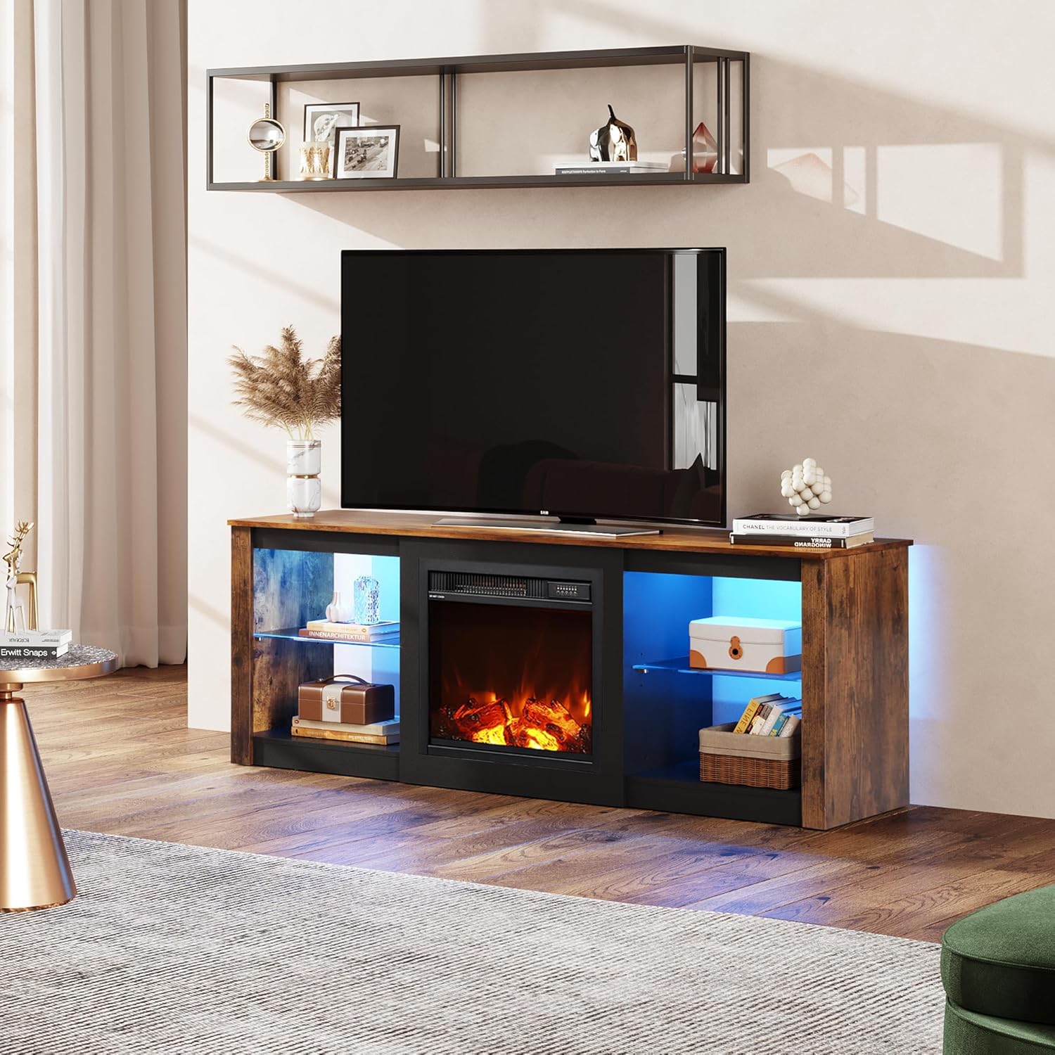 WLIVE Soporte de TV con chimenea para televisores de hasta 65 pulgadas, consola de TV con chimenea eléctrica con luces LED, soporte de TV moderno