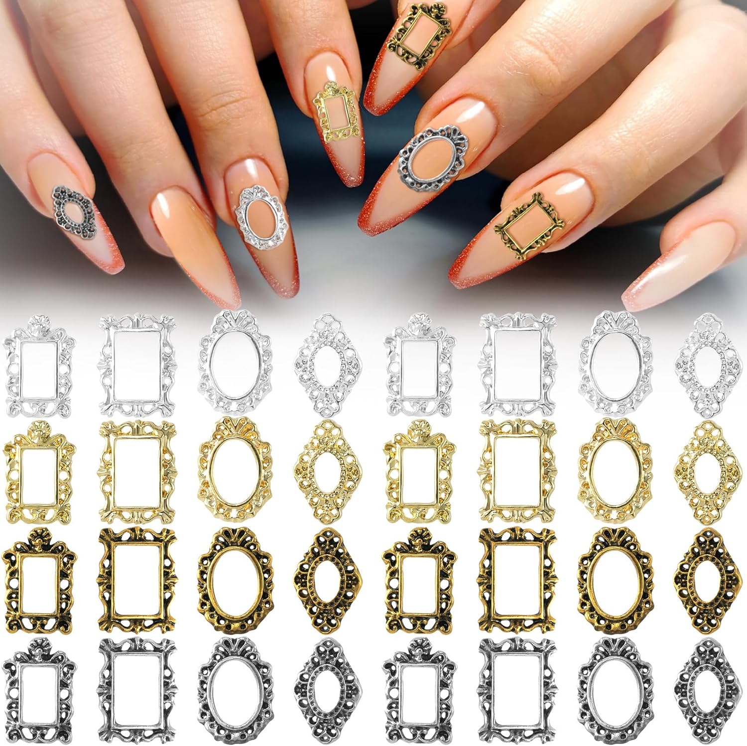 CHANZET 80 dijes de uñas de metal 3D, marco gótico para arte de uñas, joyas de uñas retro doradas y plateadas, decoración de uñas para mujeres y