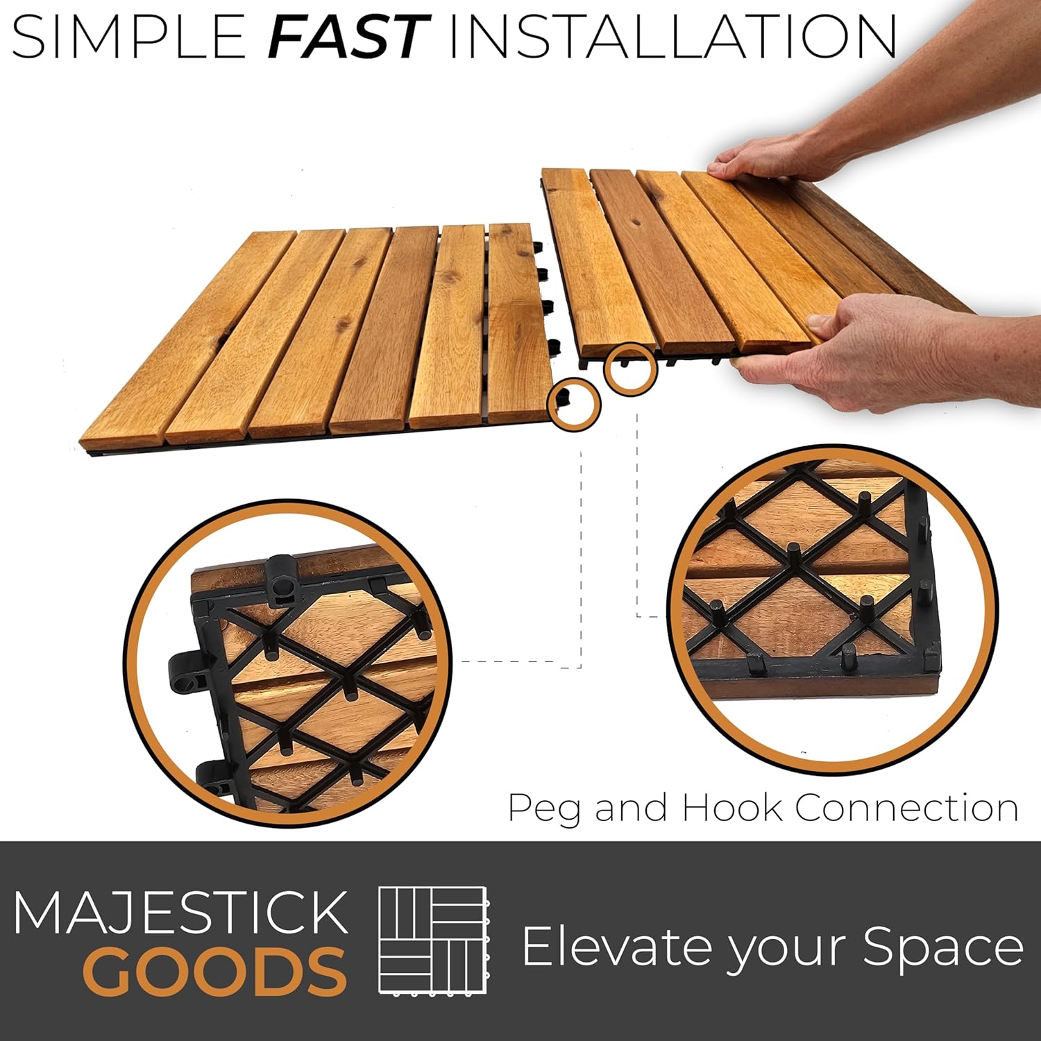 Azulejo de plataforma entrelazado individual de 1 pies cuadrados a presión, un piso de madera de acacia de 12 x 12 pulgadas para interiores y