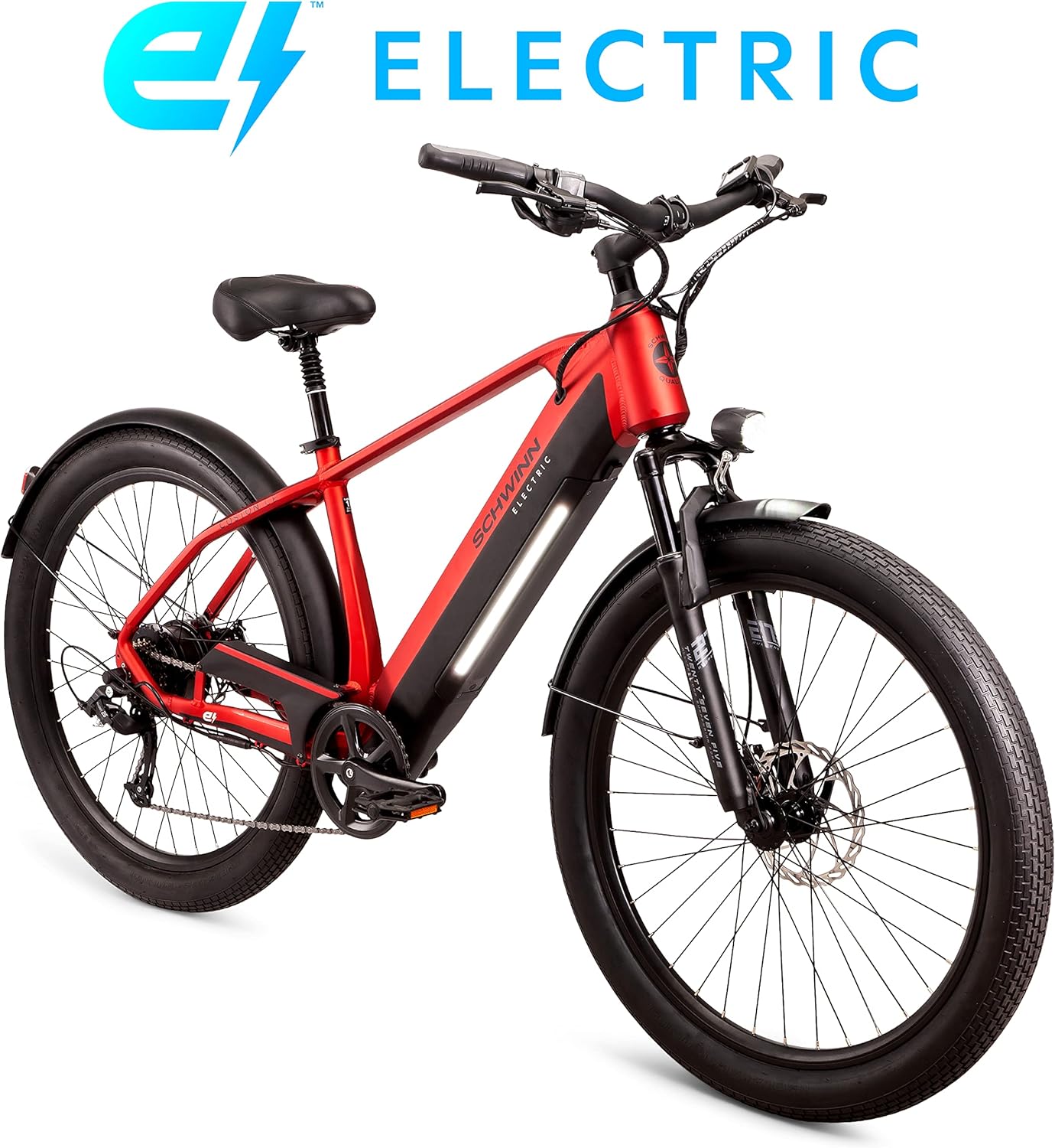 Schwinn Coston – Bicicleta híbrida eléctrica para adultos, marco de paso y paso sobre marcos, 7 velocidades, ruedas de 27.5 pulgadas, marco de