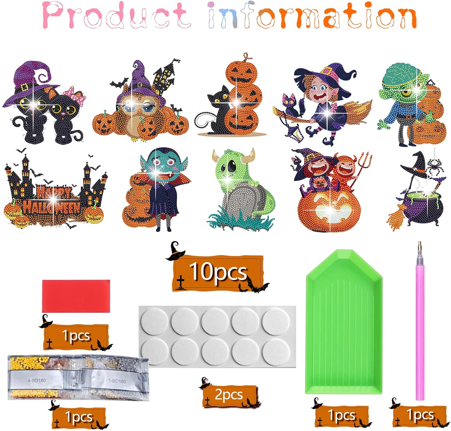 10 calcomanías de diamante para ventana de Halloween, kits de calcomanías de arte para ventana de vidrio, Halloween, manualidades, para adultos,