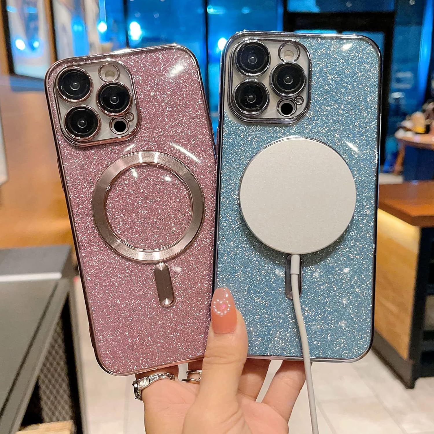 aowner Funda magnética para iPhone 11 con purpurina, chapado de lujo, bonito brillante con protector de lente de cámara, compatible con MagSafe,