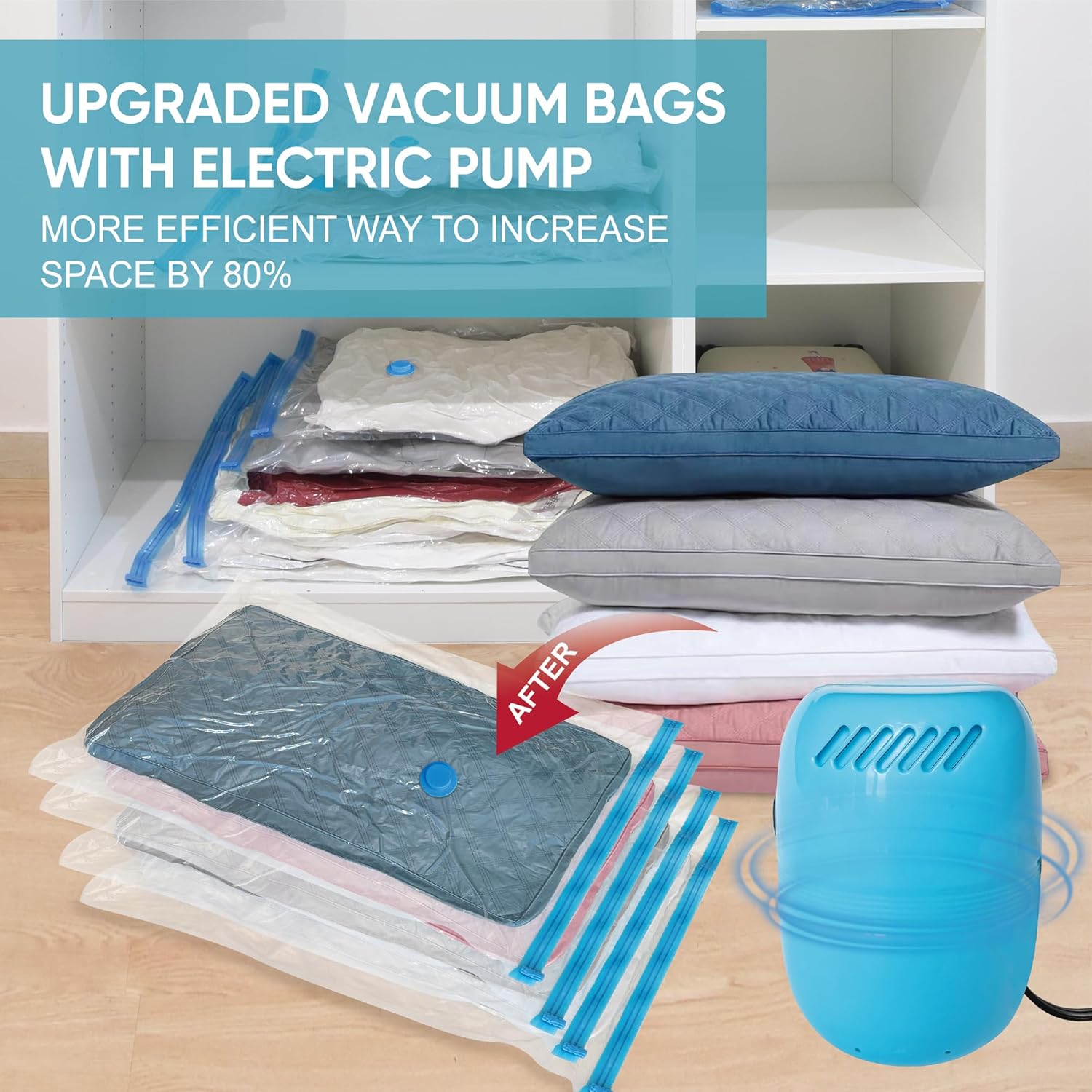 Bolsas de almacenamiento al vacío con bomba eléctrica, 10 bolsas de sellado al vacío con bomba, bolsas de sellado al vacío para ropa, edredones,