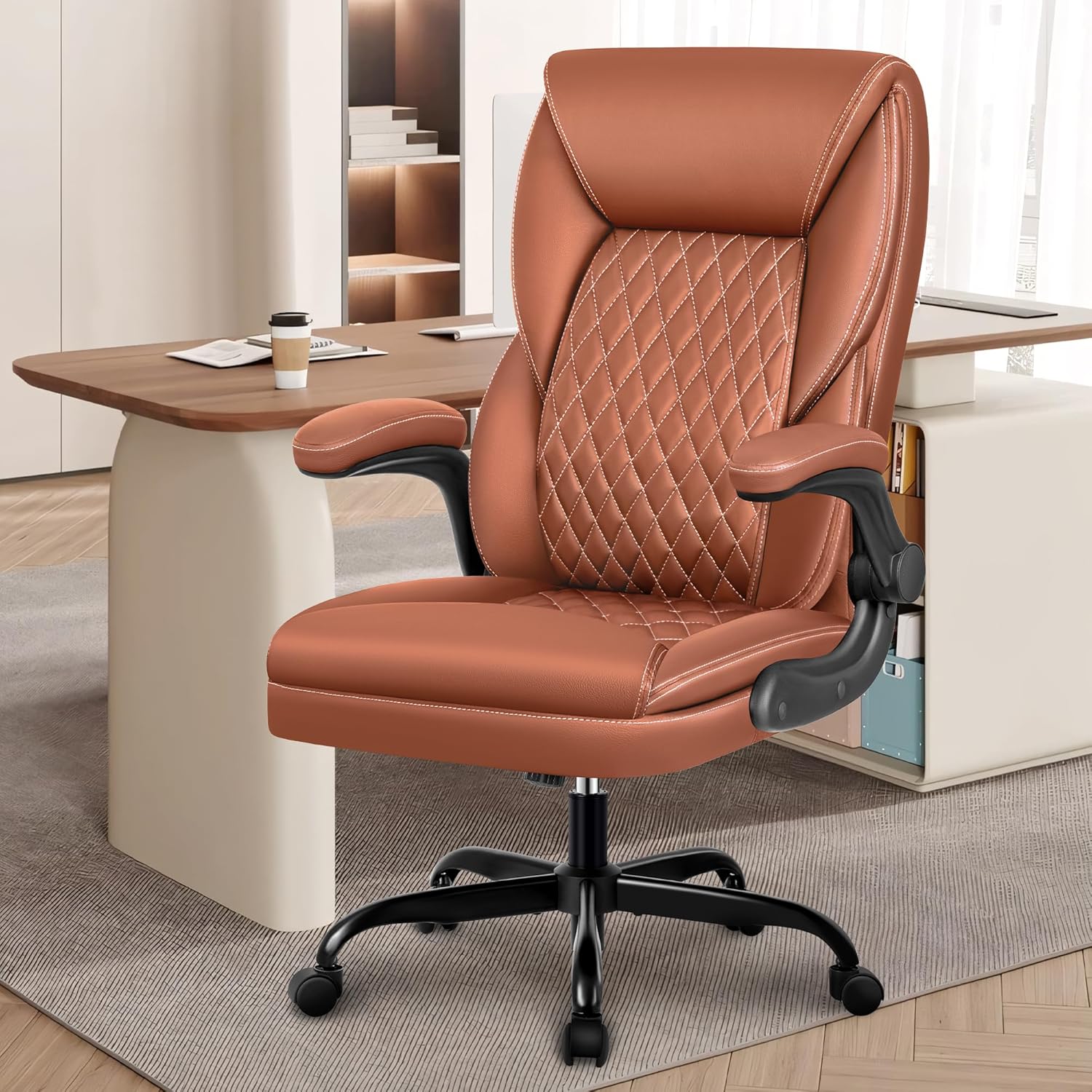 BestEra Silla de oficina ejecutiva, silla de oficina ergonómica de cuero grande y alta, sillas de escritorio de oficina en casa con brazos