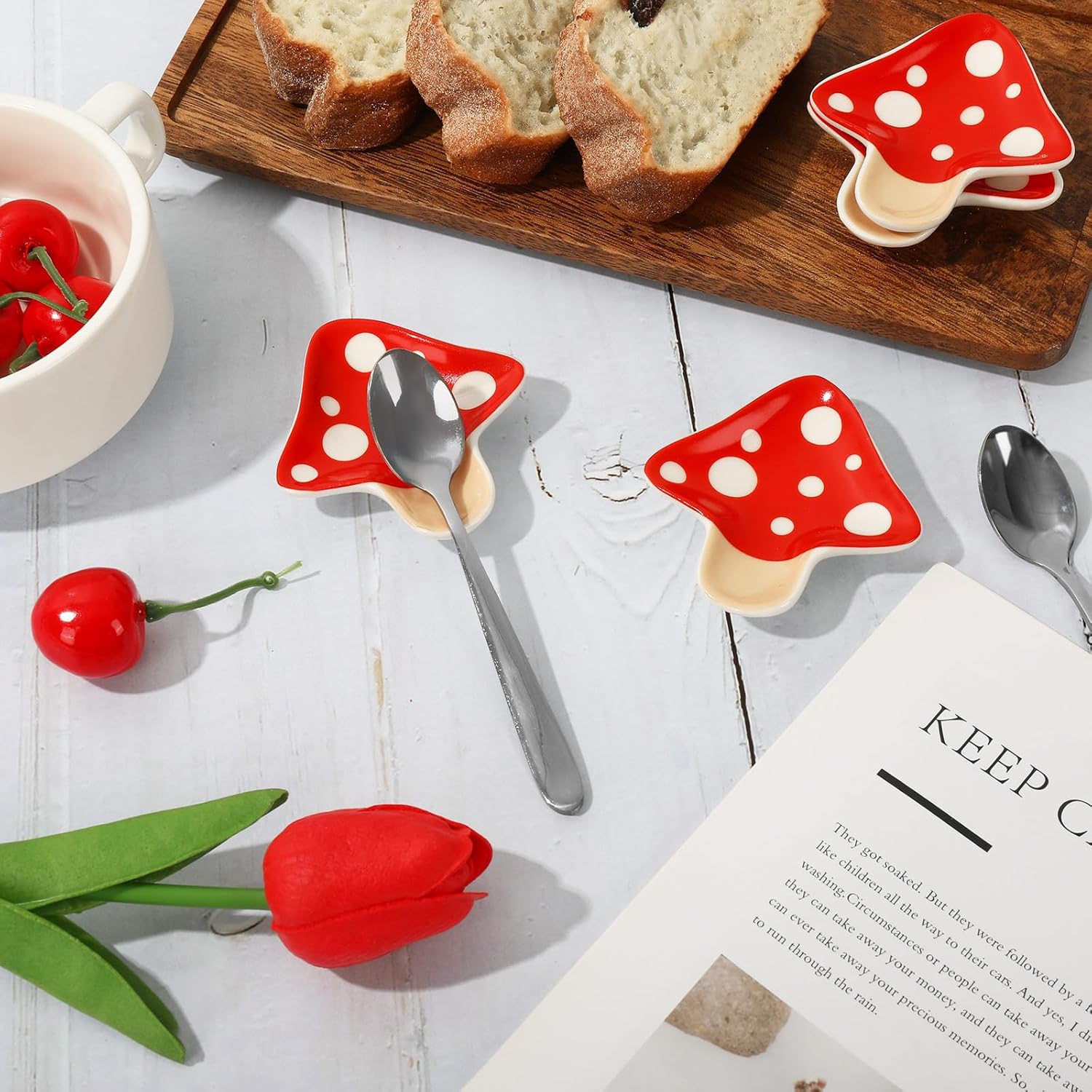 Whaline Soporte para cucharas de hongos de otoño, 4 piezas, soporte para cucharas de cerámica de hongos rojos, plato de anillo para cocina, hogar,