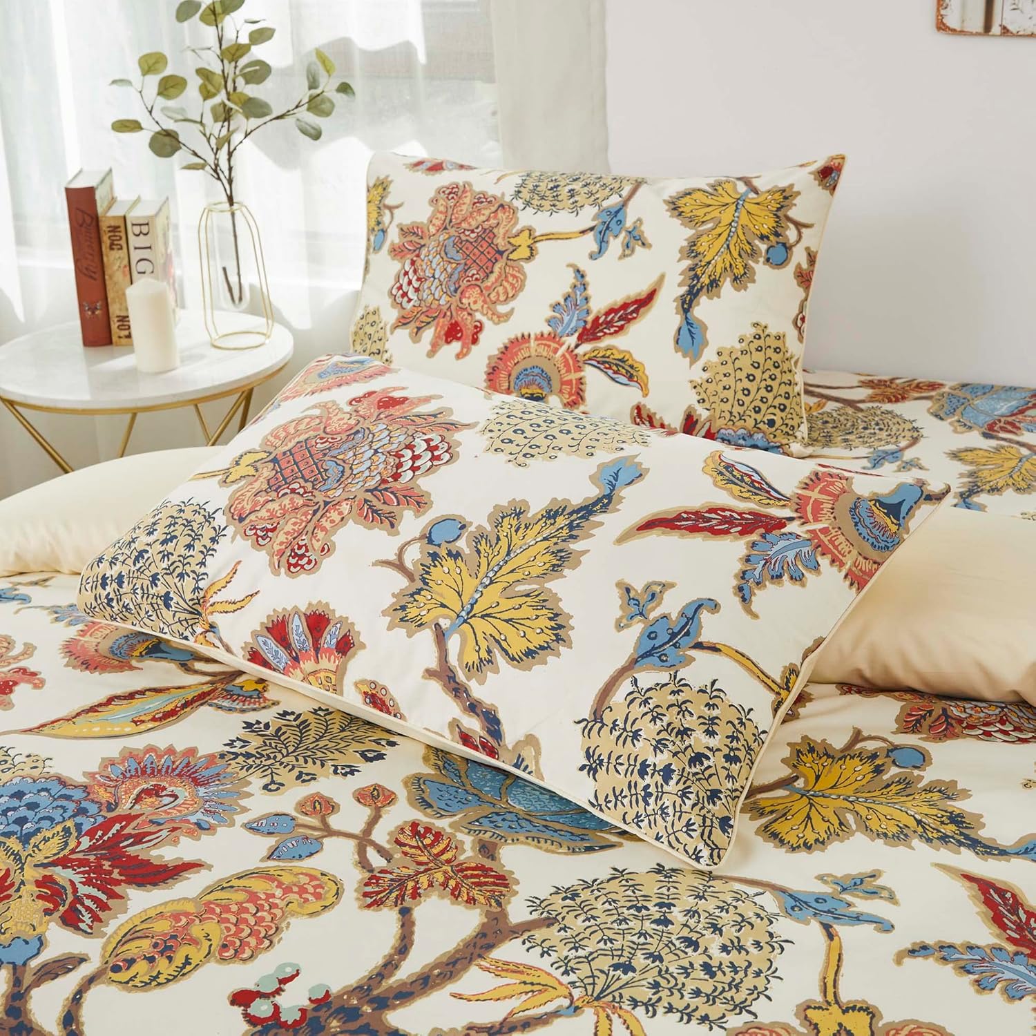 Softta Juego de ropa de cama vintage de lujo con hojas de flores, tamaño Queen, 4 piezas, juego de sábanas encimeras + 2 fundas de almohada,