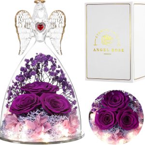 Regalos de cumpleaños para mujeres, abuela, mamá, novia, flor preservada, tres rosas reales en figuras de ángel de cristal, regalos de ángeles para Regalos de cumpleaños para mujeres, abuela, mamá, novia, flor preservada, tres rosas reales en figuras de ángel de cristal, regalos de ángeles para