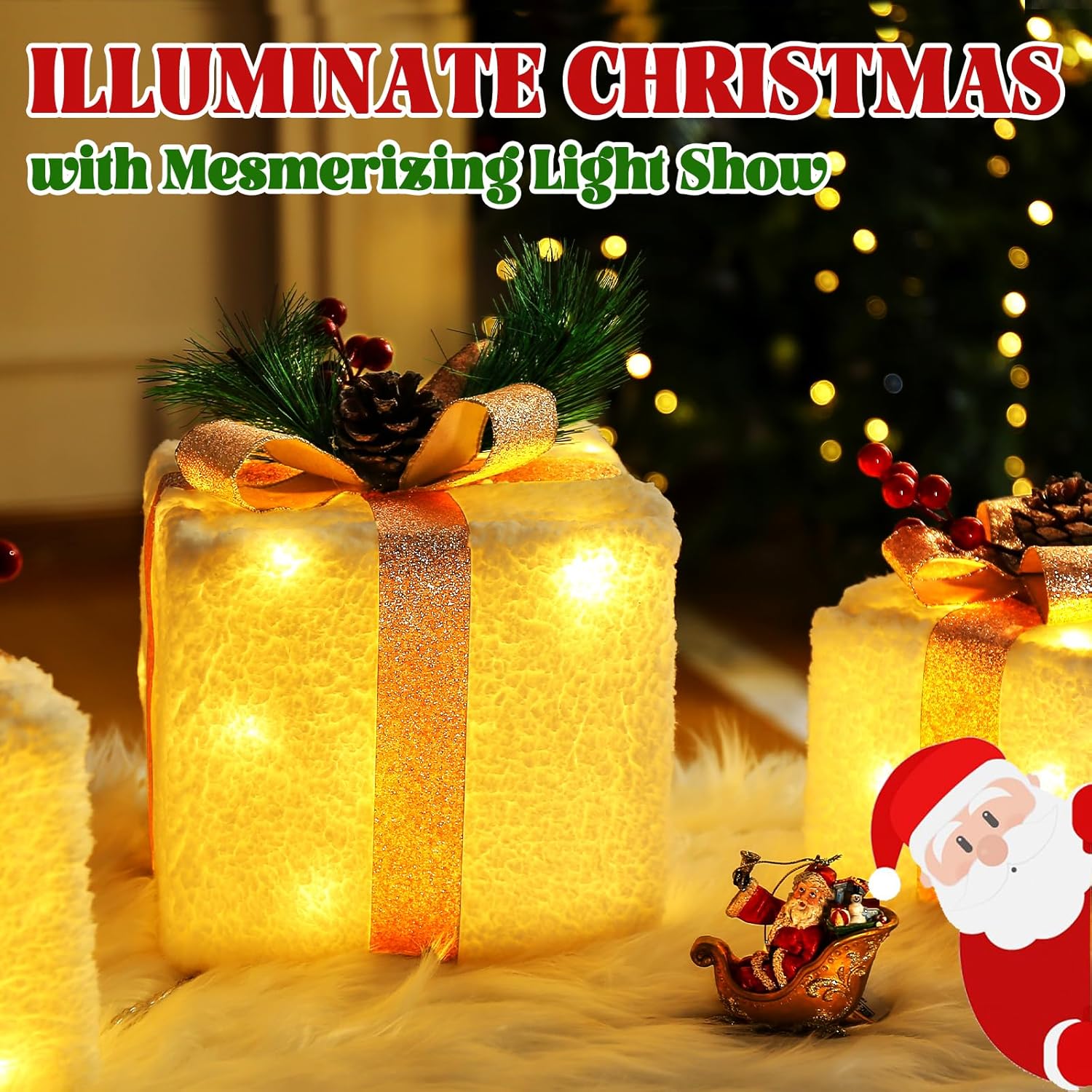 Decoraciones de Navidad para interiores, cajas de regalo iluminadas de Elegear Navidad, 8 modos y función de temporizador, juego de 3 cajas de
