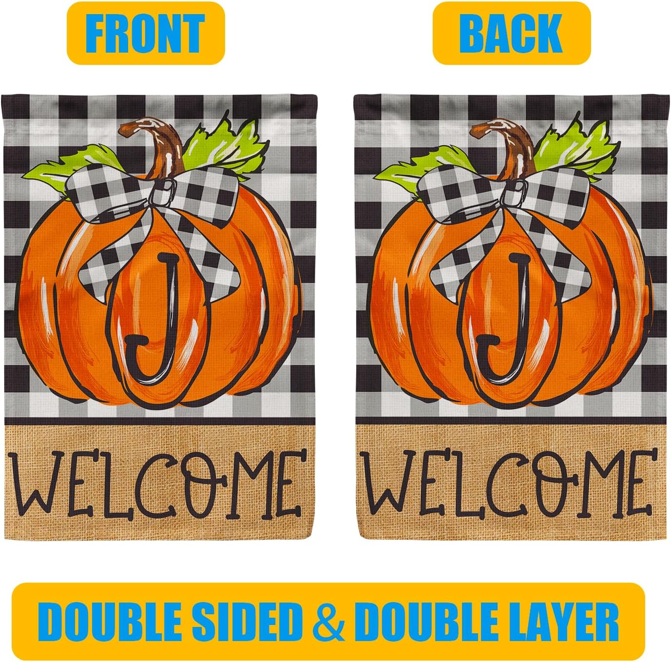 PAMBO CFA72-1J – Bandera de jardín de calabaza con monograma, bandera de otoño de 12 x 18 pulgadas, doble cara para familia, apellido, inicial,