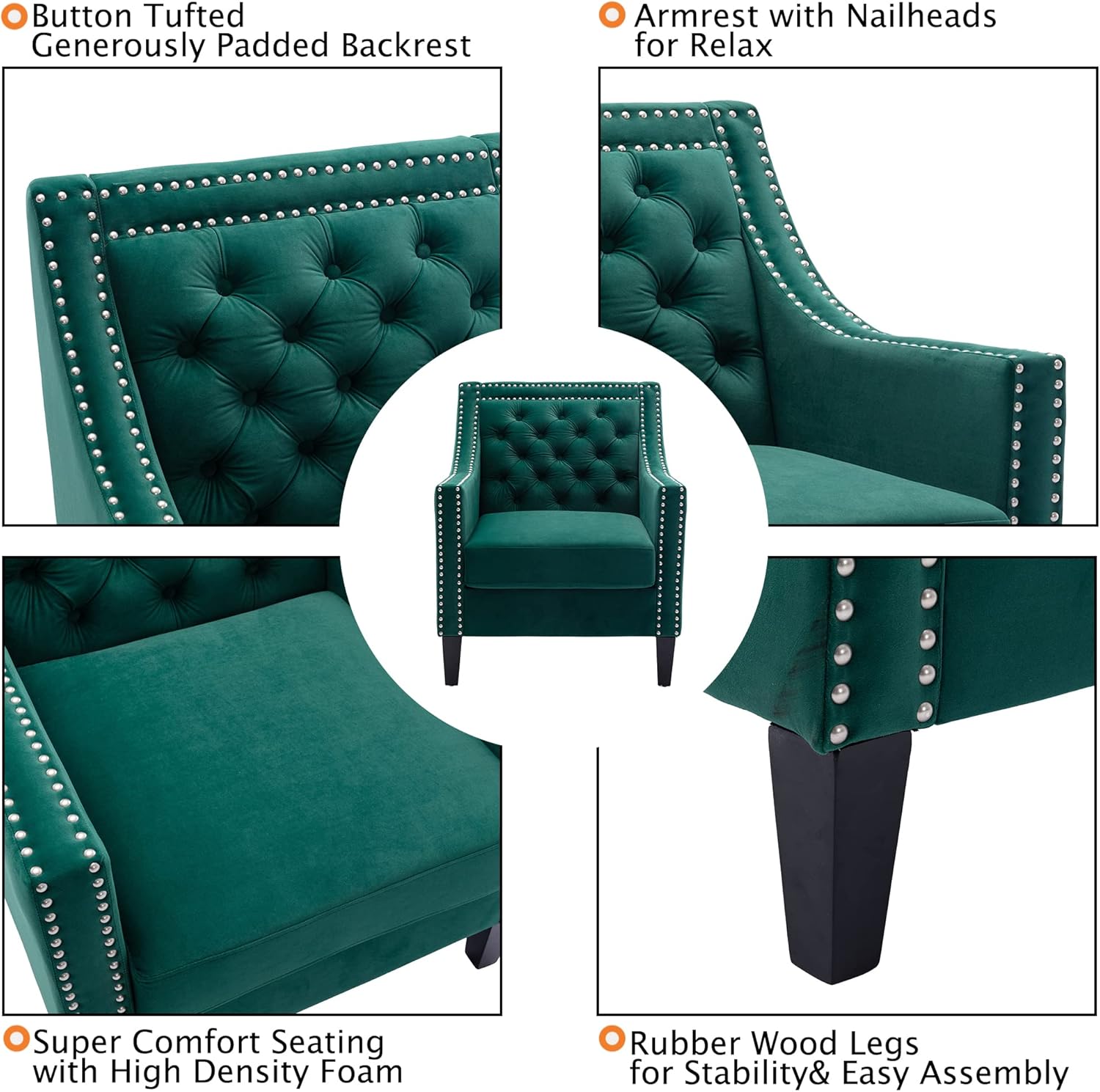 Accent Chairs – Silla decorativa de terciopelo moderna de mediados de siglo con cabezas de clavos, silla de sala de estar con patas de madera