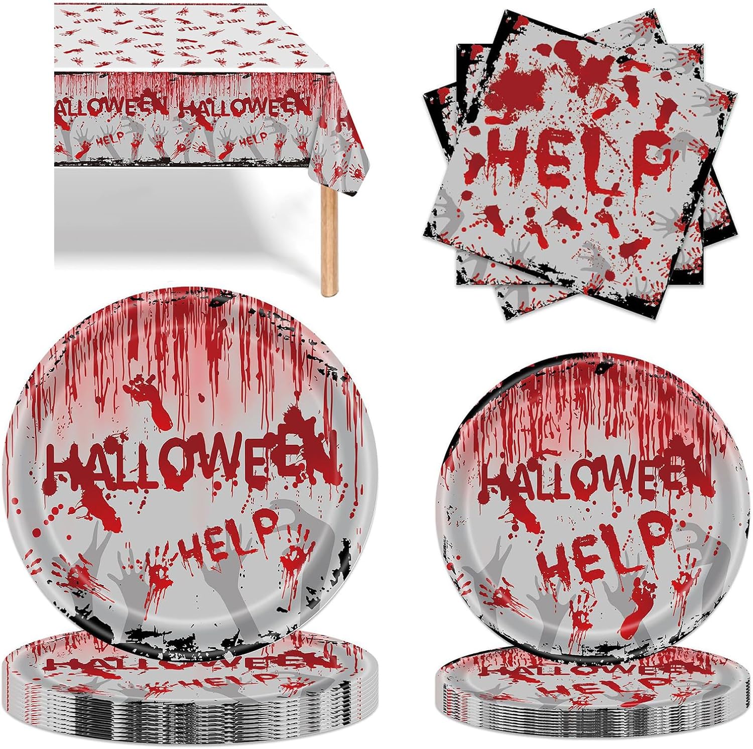 Suministros para fiesta de Halloween  74 piezas de vajilla espeluznante y sangrienta, platos desechables de papel, servilletas, mantel de plástico