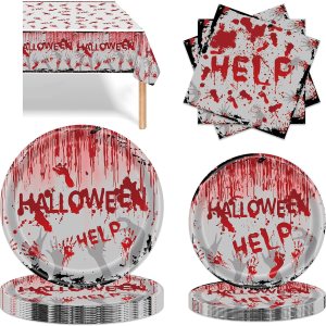 Suministros para fiesta de Halloween 74 piezas de vajilla espeluznante y sangrienta, platos desechables de papel, servilletas, mantel de plástico Suministros para fiesta de Halloween 74 piezas de vajilla espeluznante y sangrienta, platos desechables de papel, servilletas, mantel de plástico