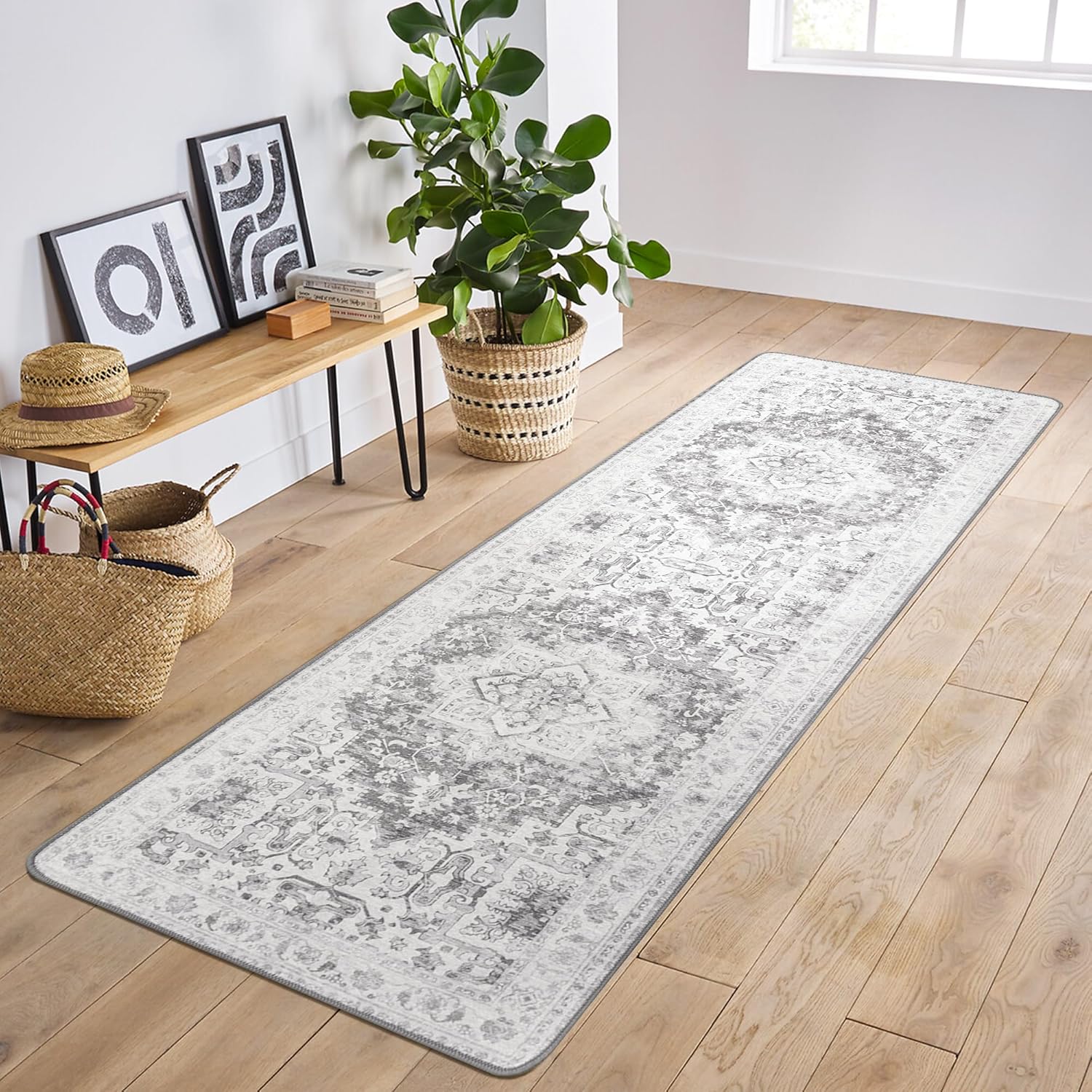 GENIMO Alfombra de pasillo de 2 x 5, lavable a máquina, antideslizante, vintage, alfombra ligera para sala de estar, entrada, dormitorio, cocina y