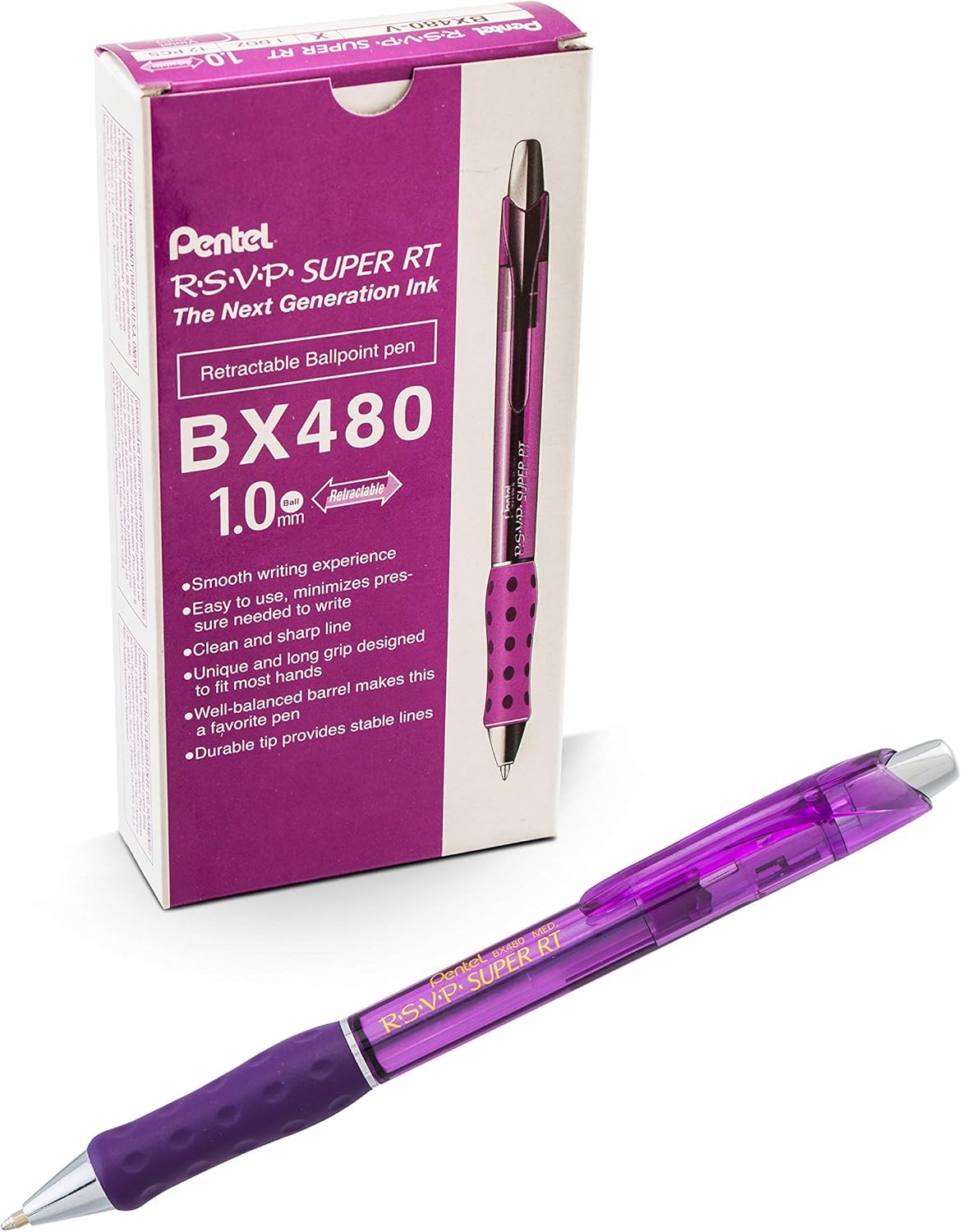 Pentel RSVP Super RT – Bolígrafo (0.039 pulgadas), línea media, tinta violeta, caja de 12 unidades (BX480-V)