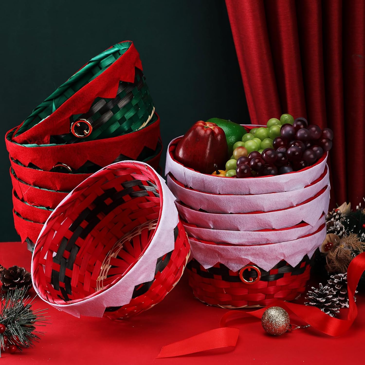 Roowest Cestas redondas de bambú de regalo de Navidad, cestas tejidas para regalos, cestas de personajes de vacaciones, cestas de regalo decorativas