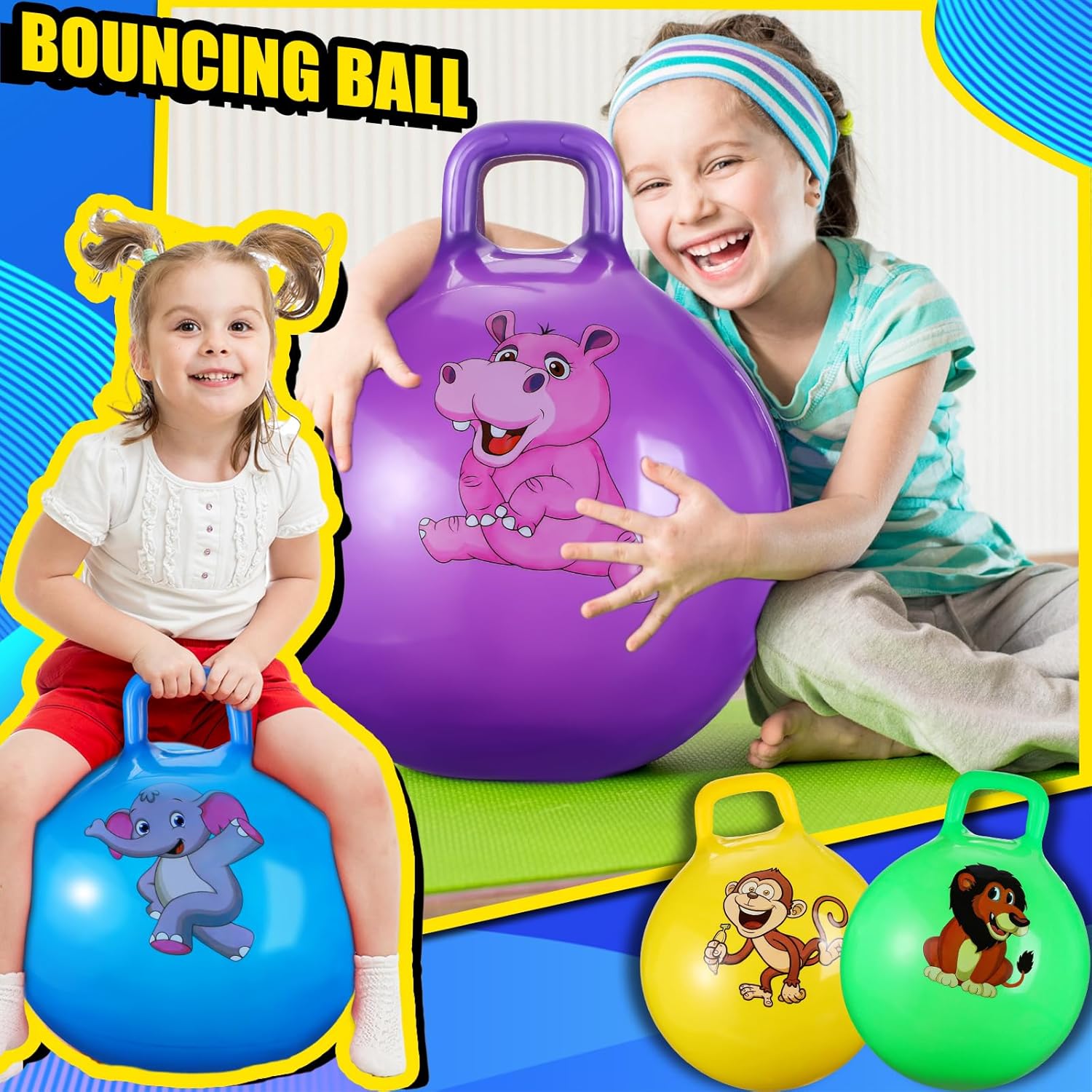 4 pelotas inflables de 18 pulgadas para niños de 3 a 6 años, pelota de tolva con mango y bomba, pelota de rebote de hippity hop con animales de