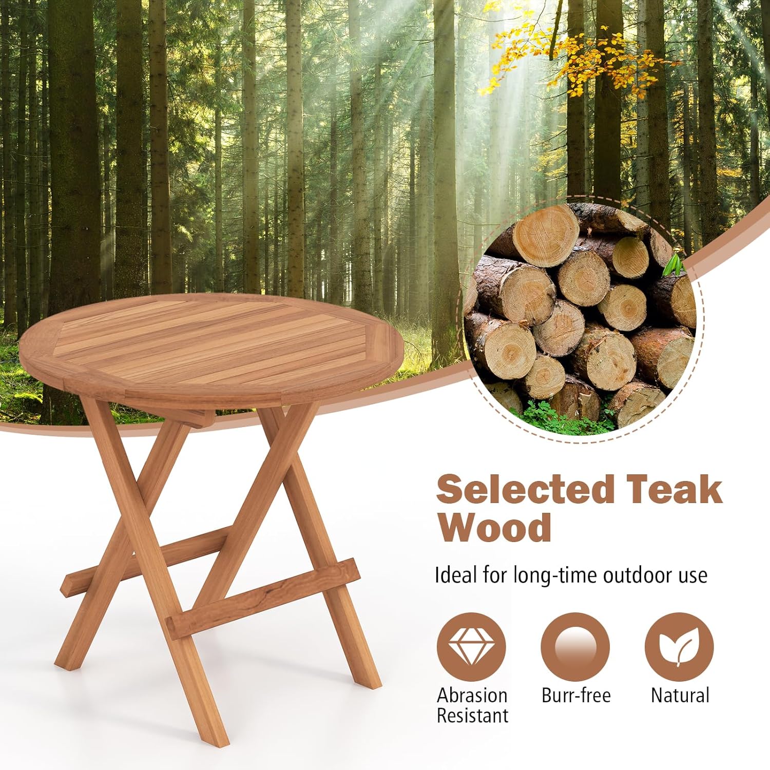 Tangkula Mesa auxiliar plegable para patio, mesa auxiliar redonda de madera de teca con mesa de listones, marco de madera resistente en forma de X,