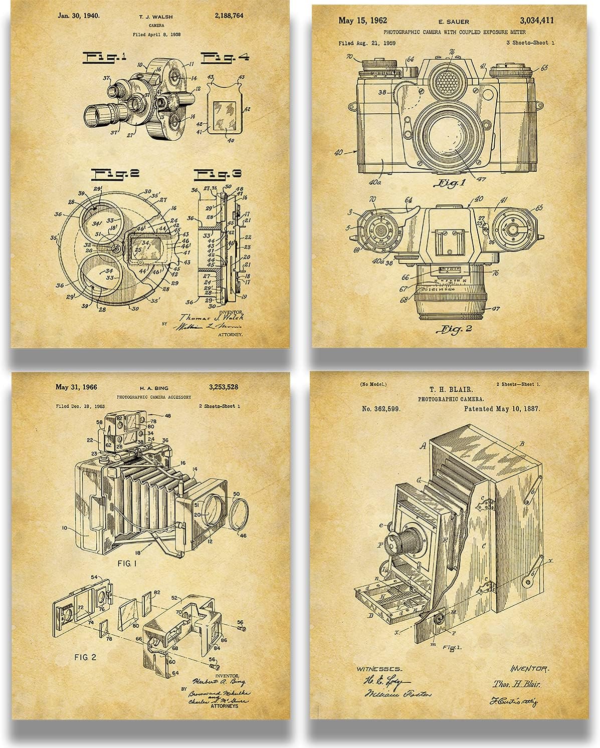 Govivo Patente de cámara antigua un conjunto de cuatro patentes de equipos de fotografía para decoración de pared impresiones con fondos sepia,