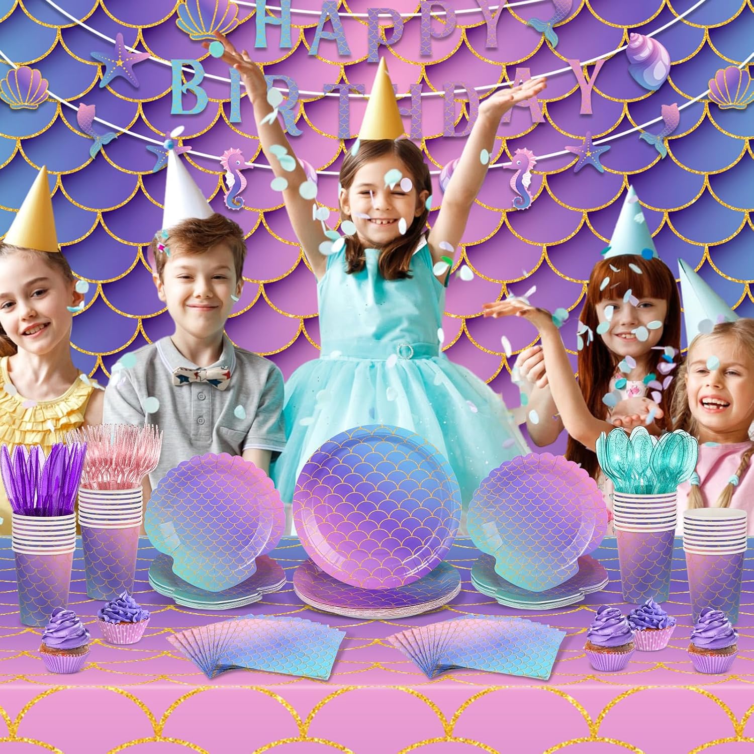 Roshtia 172 piezas de suministros para fiesta de cumpleaños de sirena (reserva 24), juego de vajilla desechable de sirena para niña, cumpleaños,