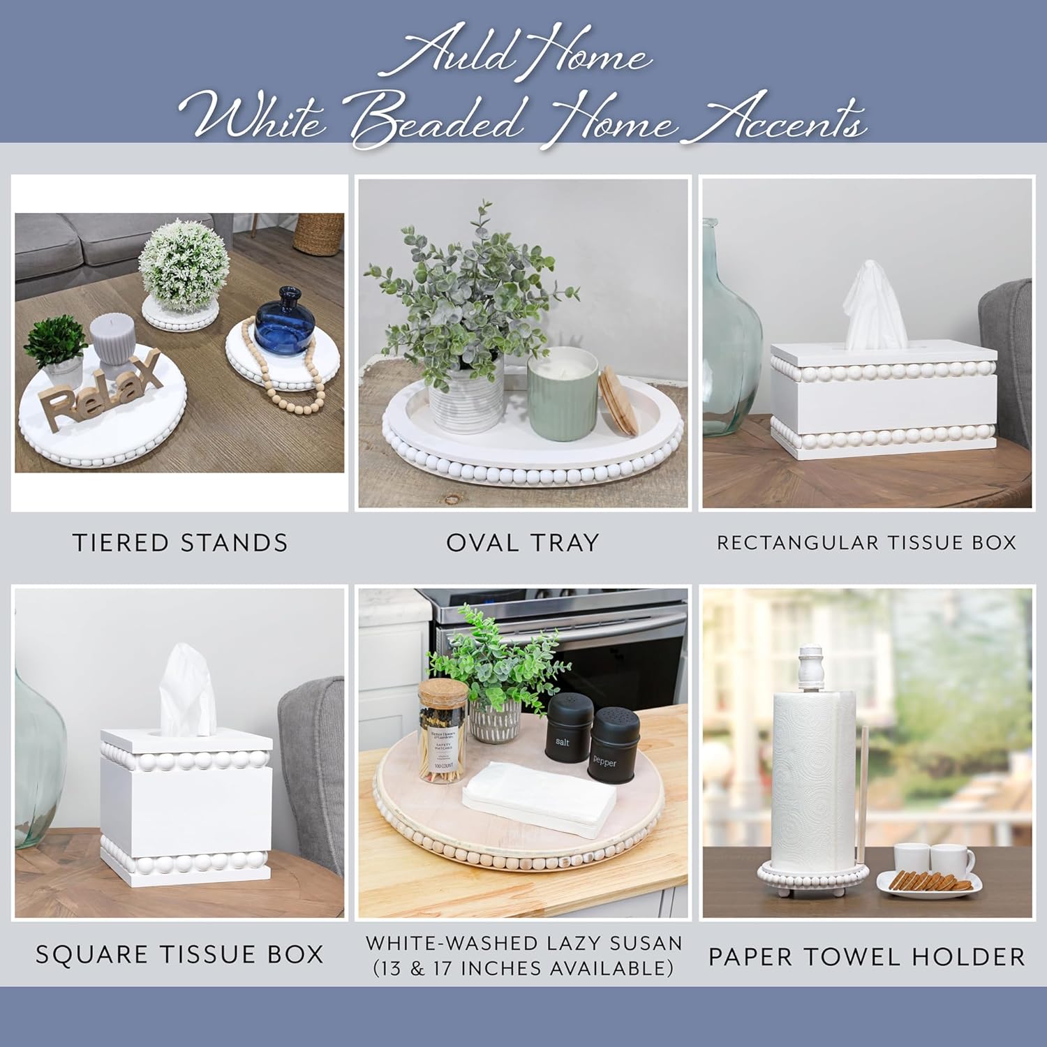 AuldHome – Funda rectangular para caja de pañuelos con cuentas (blanca) soporte oblongo, de madera rústica