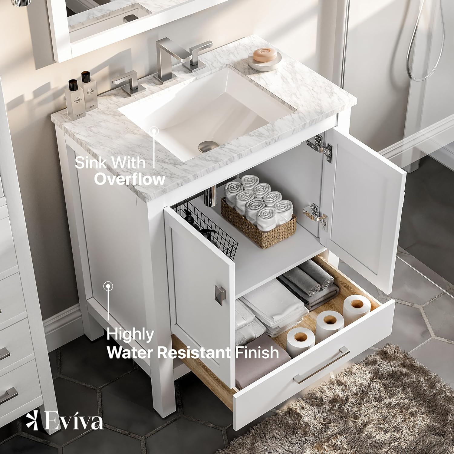Eviva Aberdeen – Tocador de baño moderno – Tocador de baño pequeño de madera maciza blanca de 30 pulgadas con fregadero, tocador de baño de