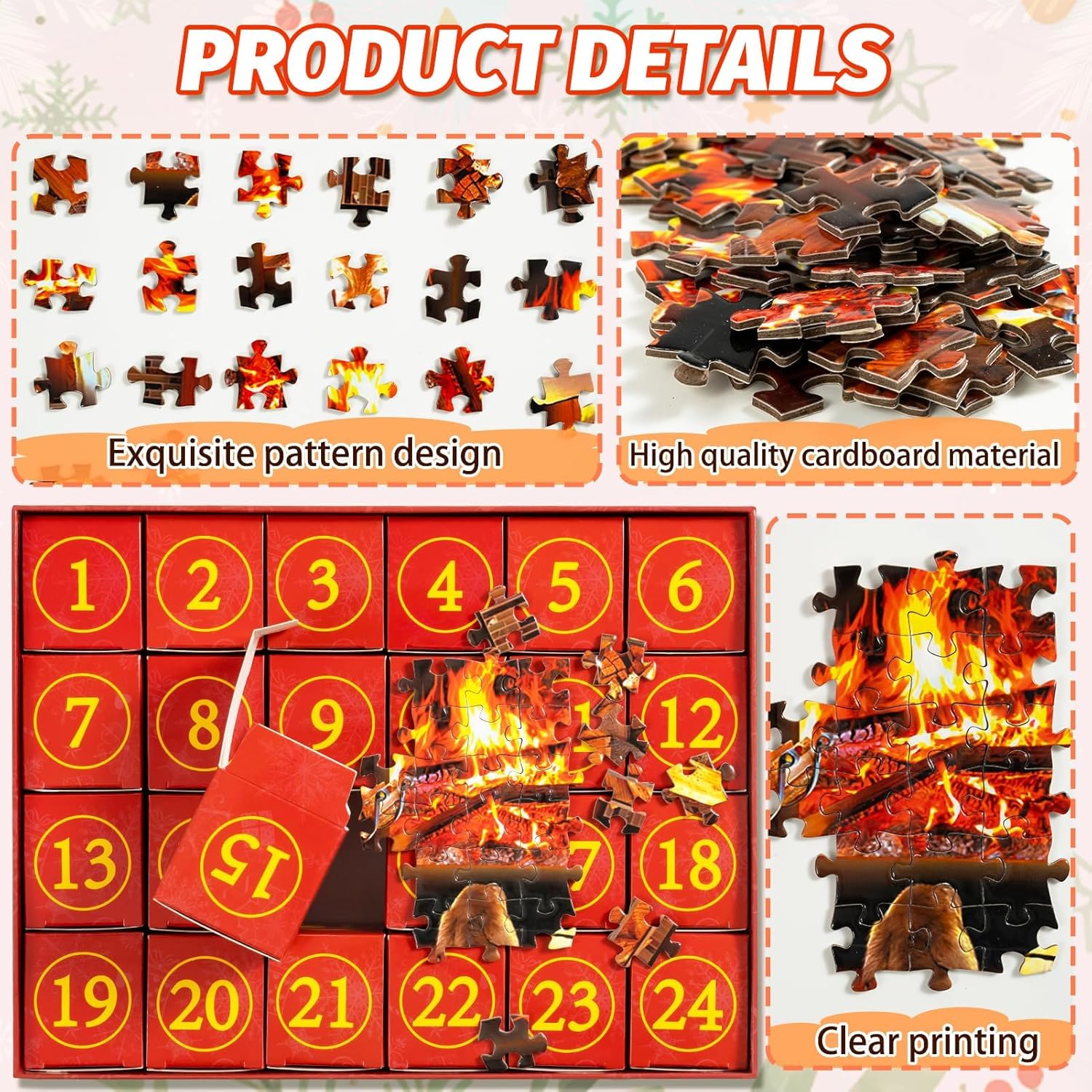 Calendario de Adviento 2023 – Rompecabezas de Navidad  1008 piezas de calendario de cuenta regresiva de 24 días de Navidad, rompecabezas de chimenea