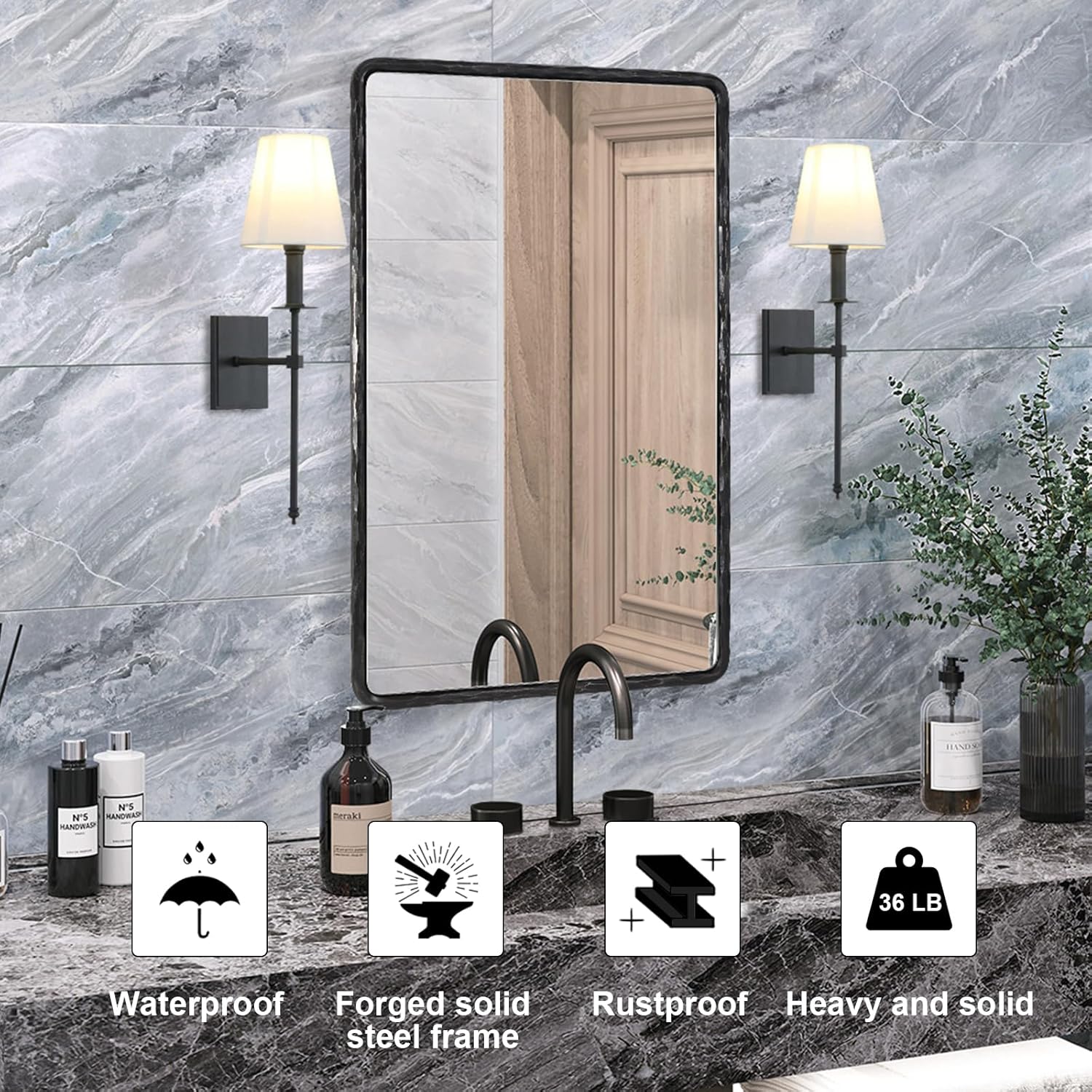 ANDY STAR Espejo de baño negro forjado a mano para pared, 24 x 36 pulgadas, marco de metal sólido vintage, espejo de tocador de baño, espejo de